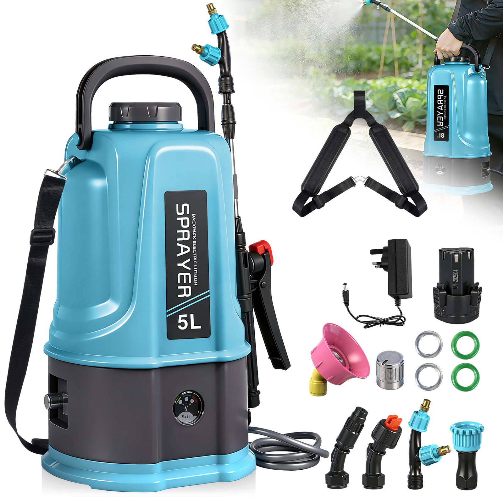 Battery Powered Knapsack Sprayer 5L,45PSI Electric Garden Sprayer Compatible With Makta 12V Battery,Pressure Sprayers with 5 Adjustable Nozzles and Retractable Wand,for Garden,Spraying & Cleaning