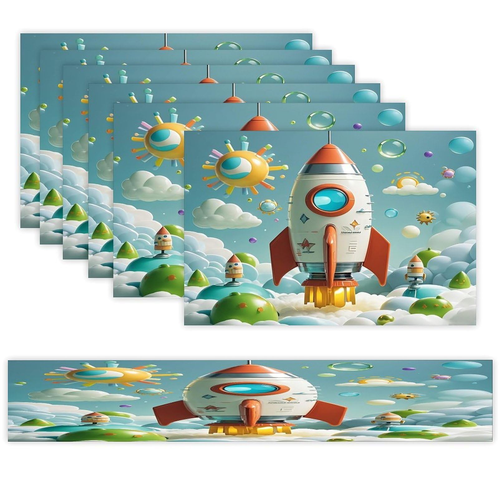 Cartoon Rockets Table Runner and Placemats Set of 6 Heat Resistant Table Runner Place Mats Modern Cloth Table Mat Washable Linen Placemat Festive Reusable Set