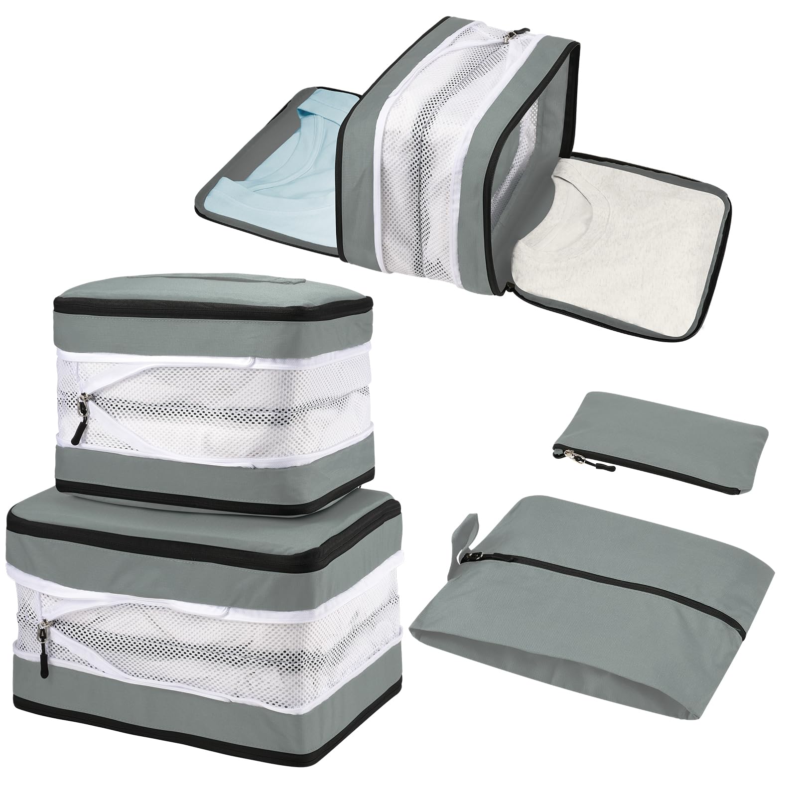 Tutushop Grey 5 Set Compression Packing Cubes For Suitcases, Travel Organiser For Carry On Hand Luggage Newest Double Sided Expandable Packing Bags With Shoes Bag (Grey)