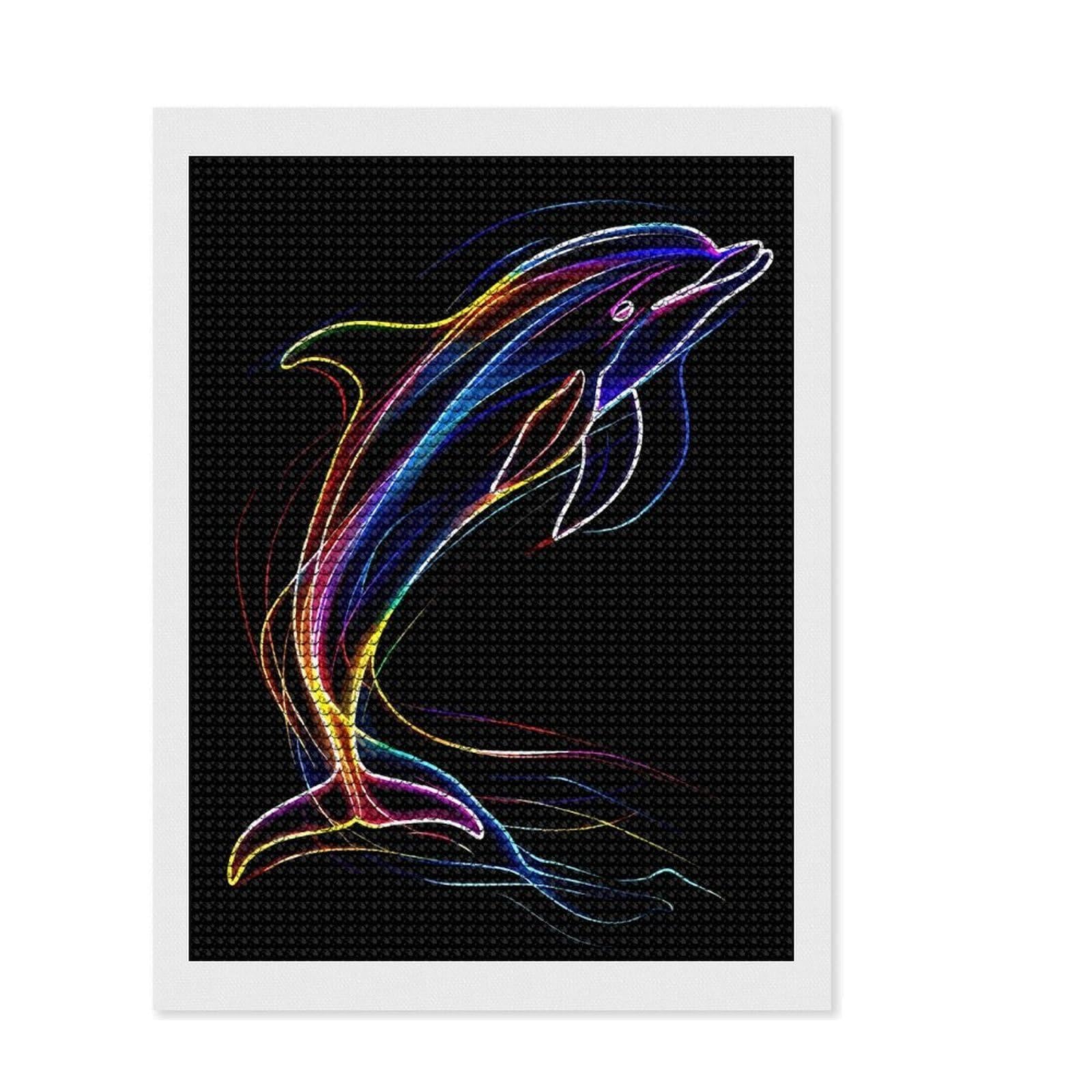 Junmoney Neon Dolphin on Black Background Diamond Painting Set 12"x16", Sparkling Round Gems, Satisfying Creative Project, Fun Craft Experience, Office Decor