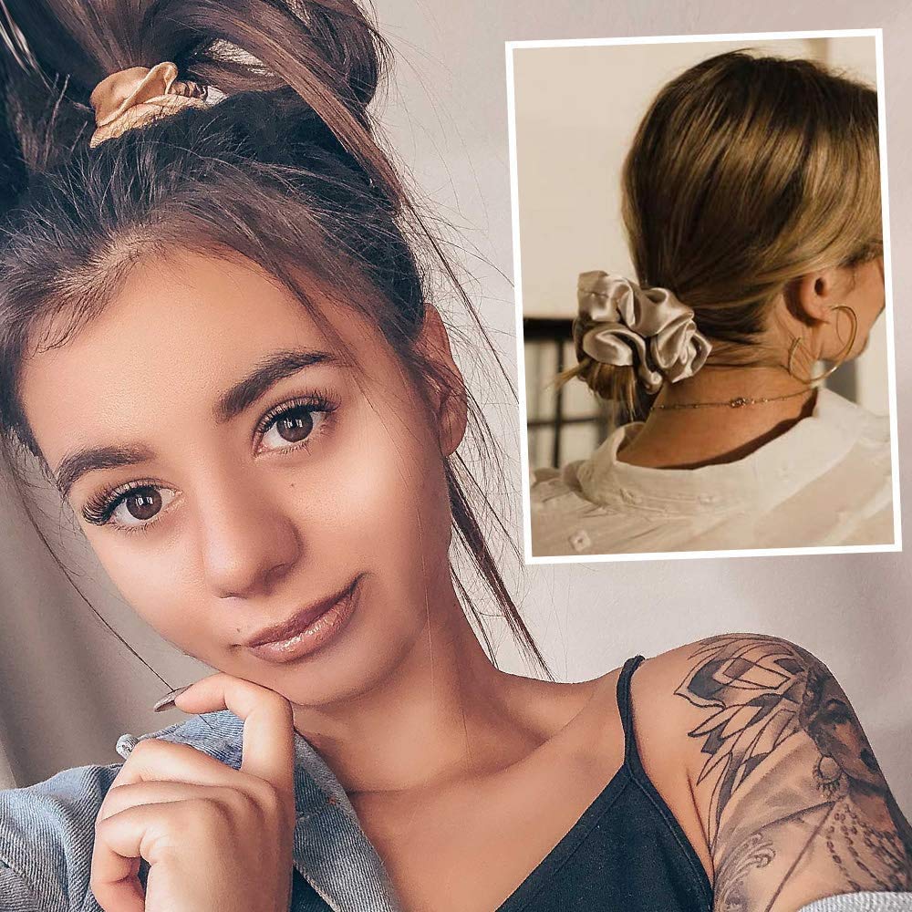 LILYSILK 4Pack Tan Charmeuse 100% Silk Scrunchies Set - Large & Skinny Elastic Hair Ties for Women & Girls