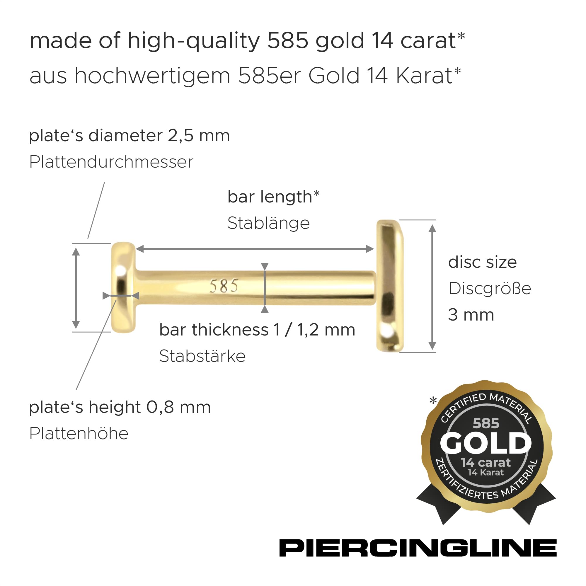 PIERCINGLINE 14 Karat Gold Ohr-Piercing Labret mit Innengewinde HERZ Farb & Größenauswahl