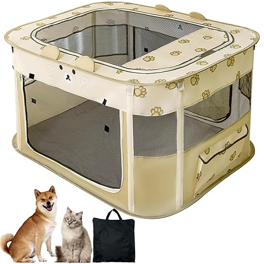 VCEPJH Portable Dog Playpen Foldable Pet Play Pen Collapsible Cat Tent Durable Puppy Crates Kennel Camping Doggy Playpen for Indoor Outdoor Travel Use Kitten Rabbit Animal(L)