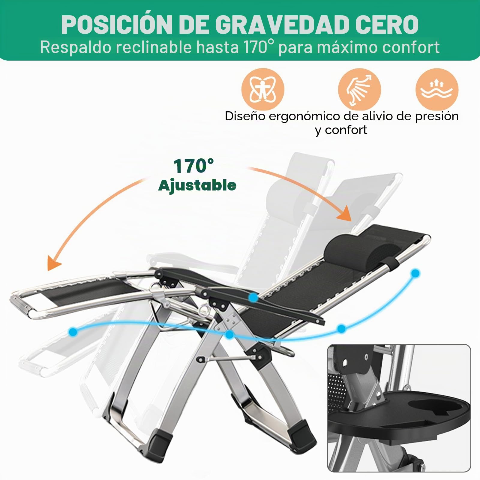 Carga Plegable Tumbona de Jardín con Cojín y Bolsillo Lateral, Sentarse y Dormir Doble Propósito, para Salón, Balcón, Playa o Piscina