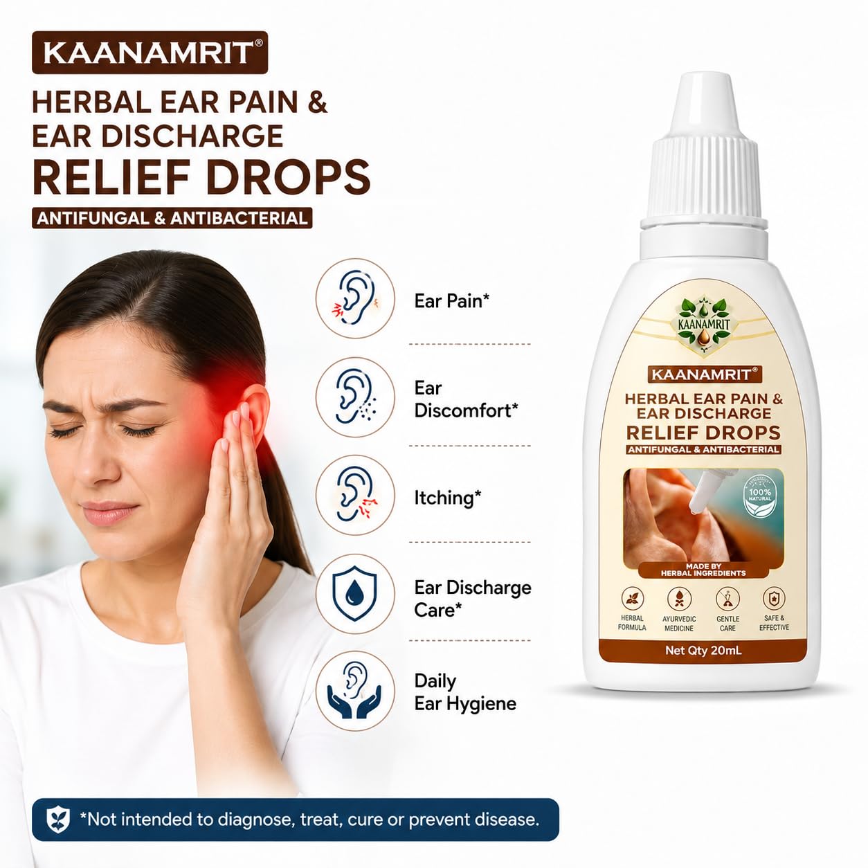 Herbal Ear Drops for Ear Pain & Ear Discharge Care | Ayurvedic Ear Care Oil with Neem, Tulsi, Haldi, Ajwain & Kapoor | Natural Herbal Formula | Daily Ear Hygiene Support | 20 ml (PACK OF 2) — Amazon image 4
