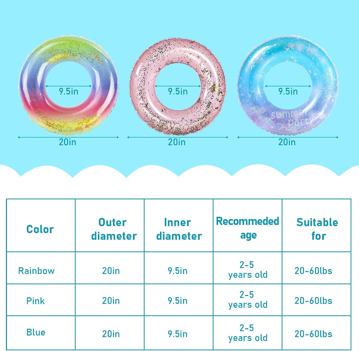 Inflatable Pool Floats 3 Pack Glitter Swim Rings for 2-5 Years Old Kids Pool Tubes Toys, Pool Floats Ring Toys Summer Beach Swimming Pool Floats Party Supplies for Girl Boy : Toys & Games