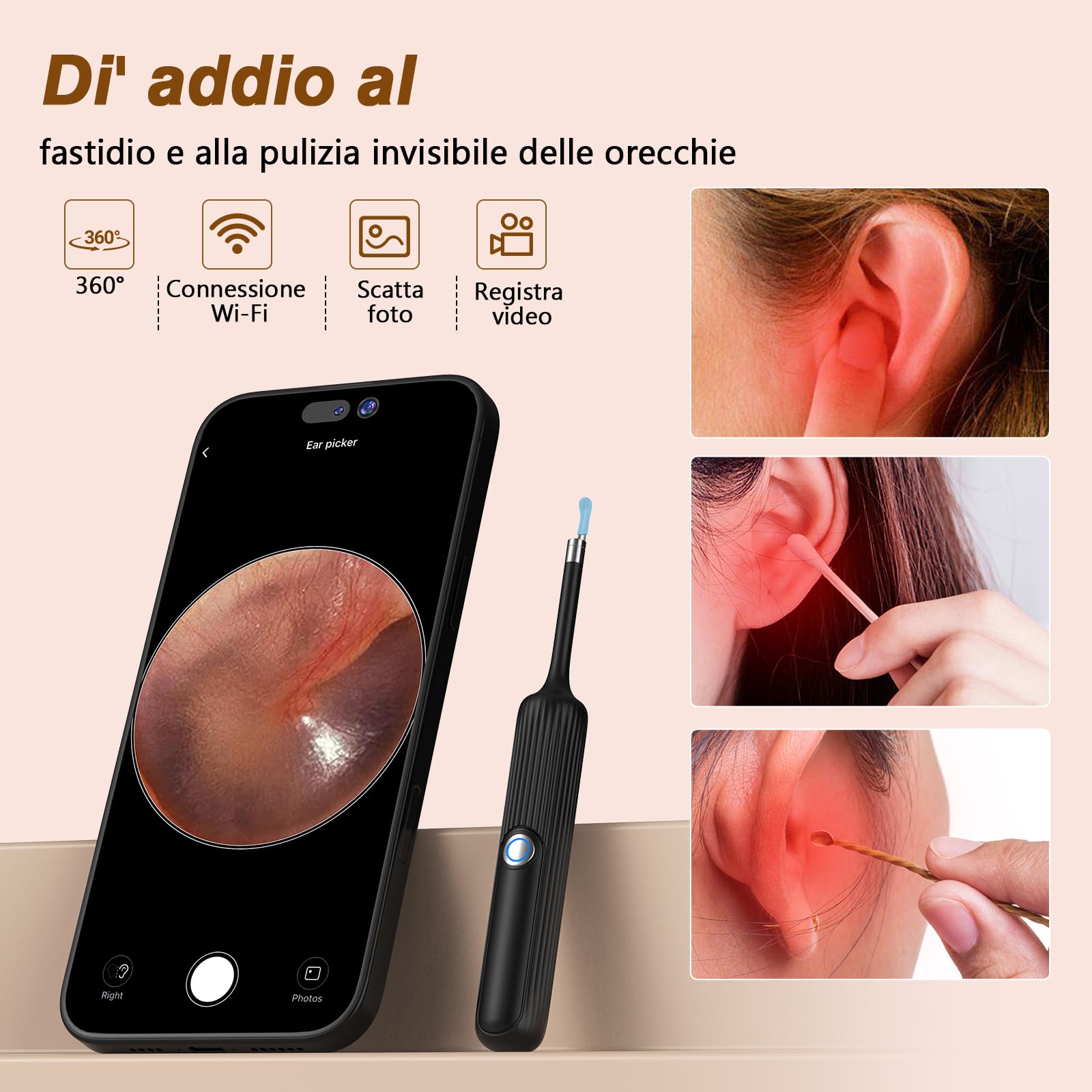 Pulizia Orecchie, 1080 HD Flessibile Otoscopio con Pinzetta, Lente Impermeabile IP67 Pulisci Orecchie, Otoscopio per Esami Di orecchie/Naso/Gola, Pulitore Orecchie Adatto ad Adulti e Bambini