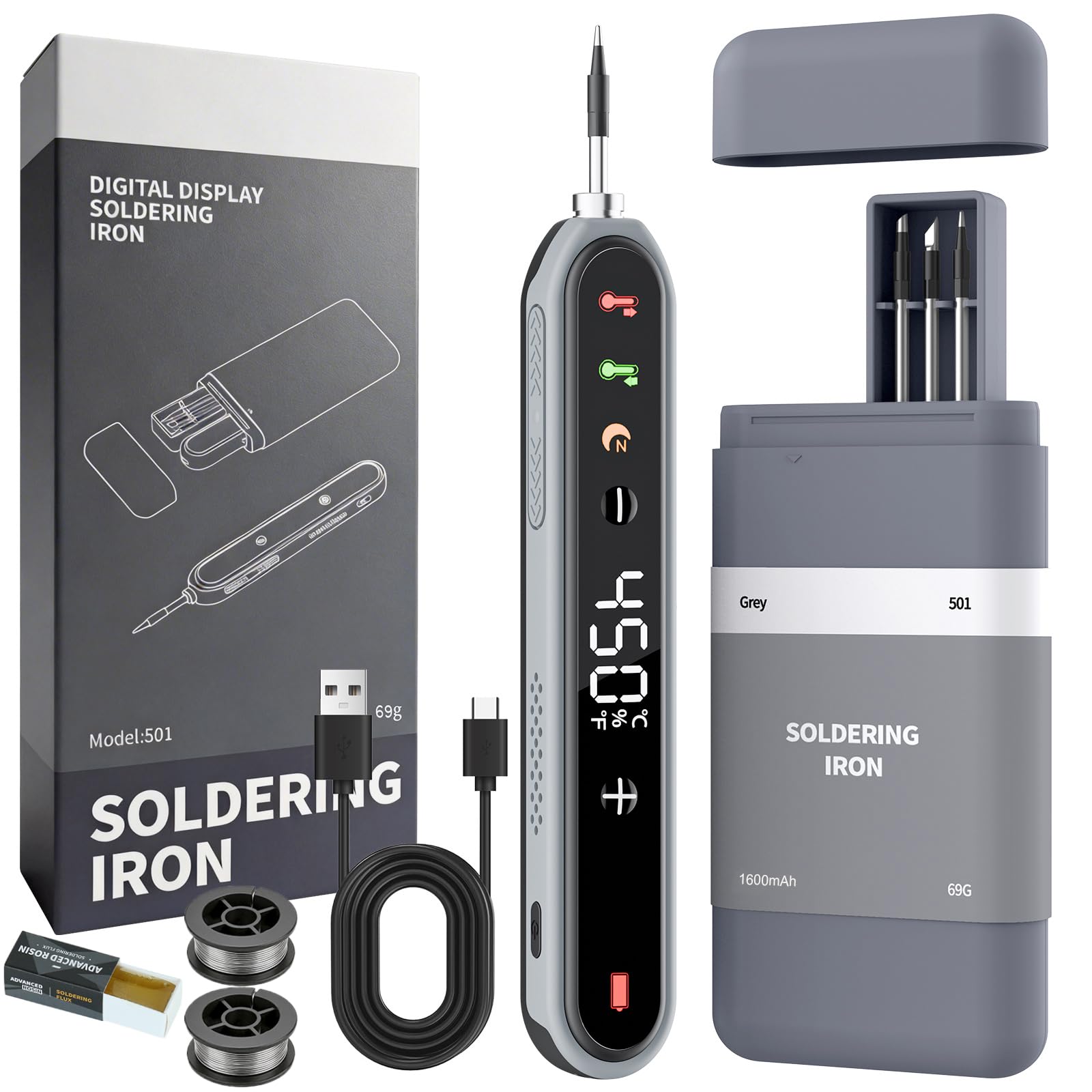 Akku Lötkolben Set kabellos USB-C 8s Aufheizung 180–450°C 1600mAh | Kabelloser USB-C Lötkolben für Elektronik und DIY. Schnelles Aufheizen in ca. 8 Sekunden, 180–450°C Temperaturregelung.
