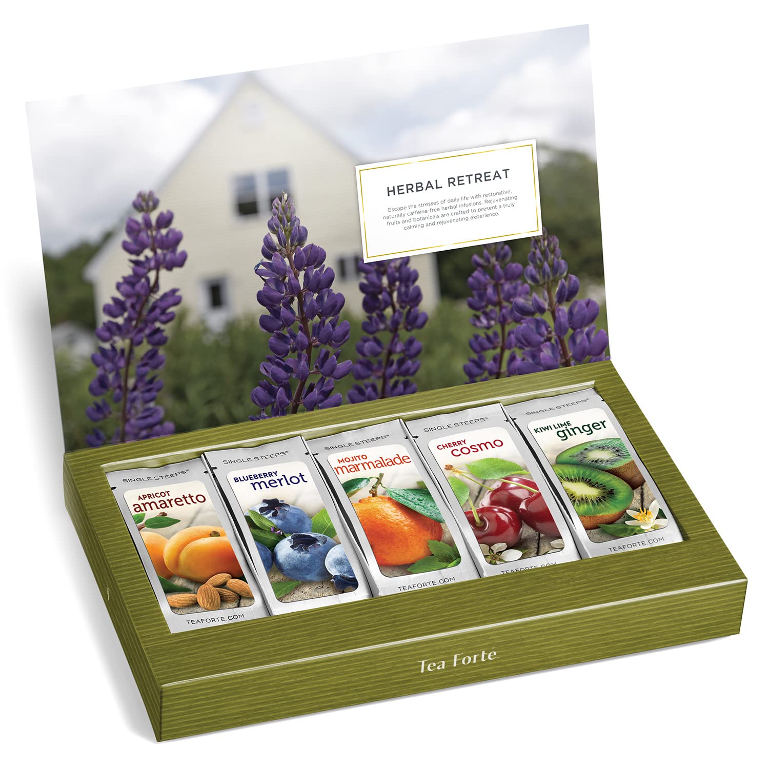 Tea Forte Single Steeps Loose Leaf Herbal Retreat Premium Tea Sampler 15 Count 3 of Each Assorted Blends, Pre-Portioned Single Serve Pouches, Steeps 12 oz
