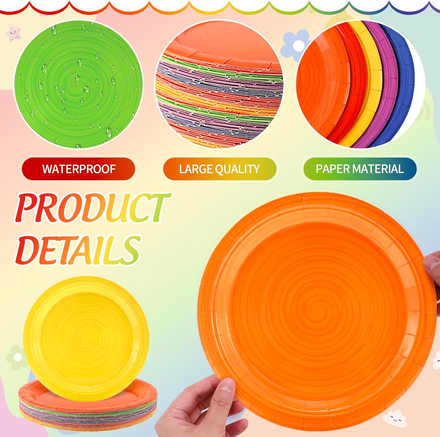JarThenaAMCS Color Spiral Paper Plates Rainbow Party Plates Disposable Dinner Plate for All Seasons Birthday Holiday Baby Shower Picnic Supplies, 36 Pcs - Image 3