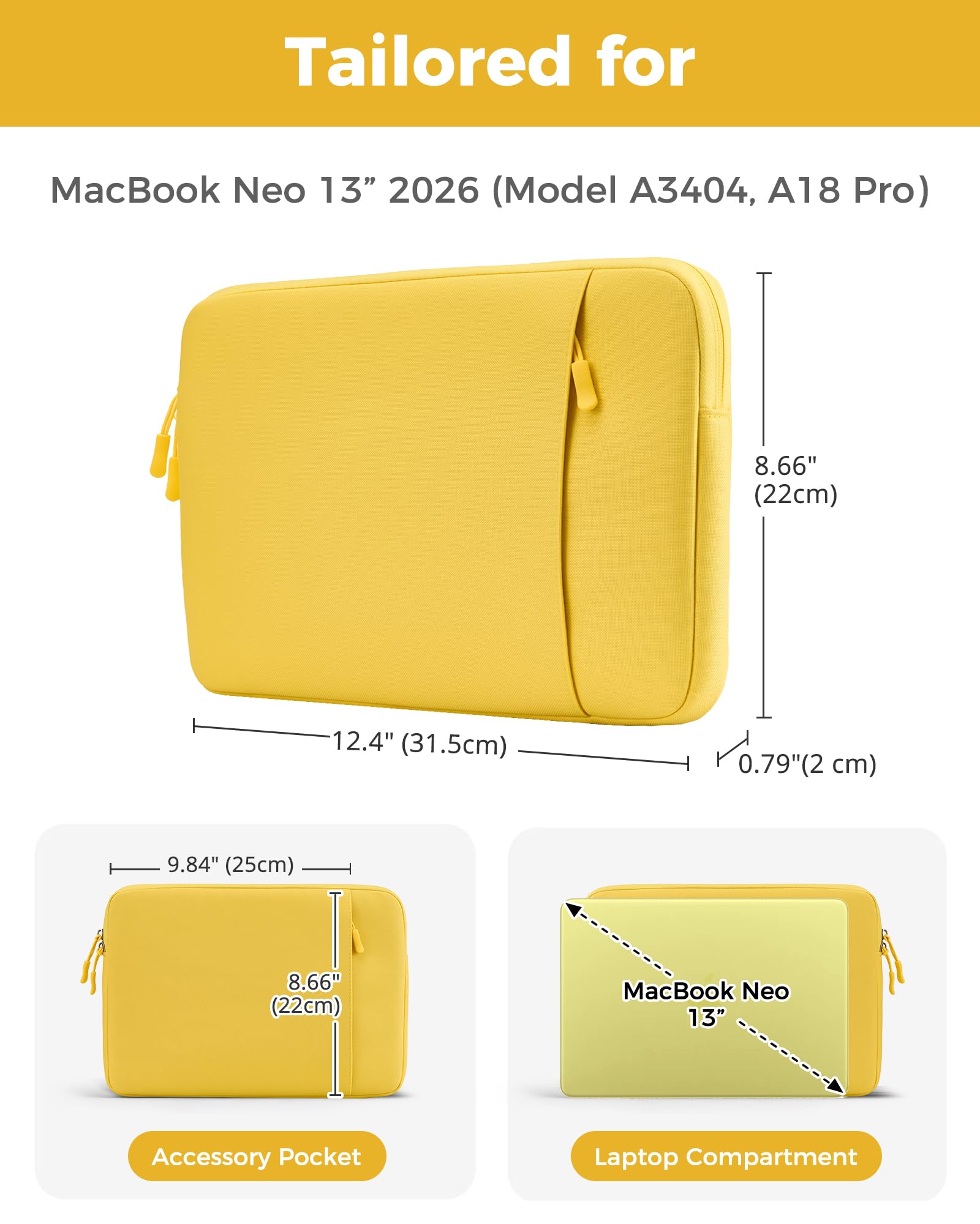 ProCase Housse MacBook Neo 13" 2026 A3404 Pochette Ordinateur Fine Légère Imperméable Jaune agrume
