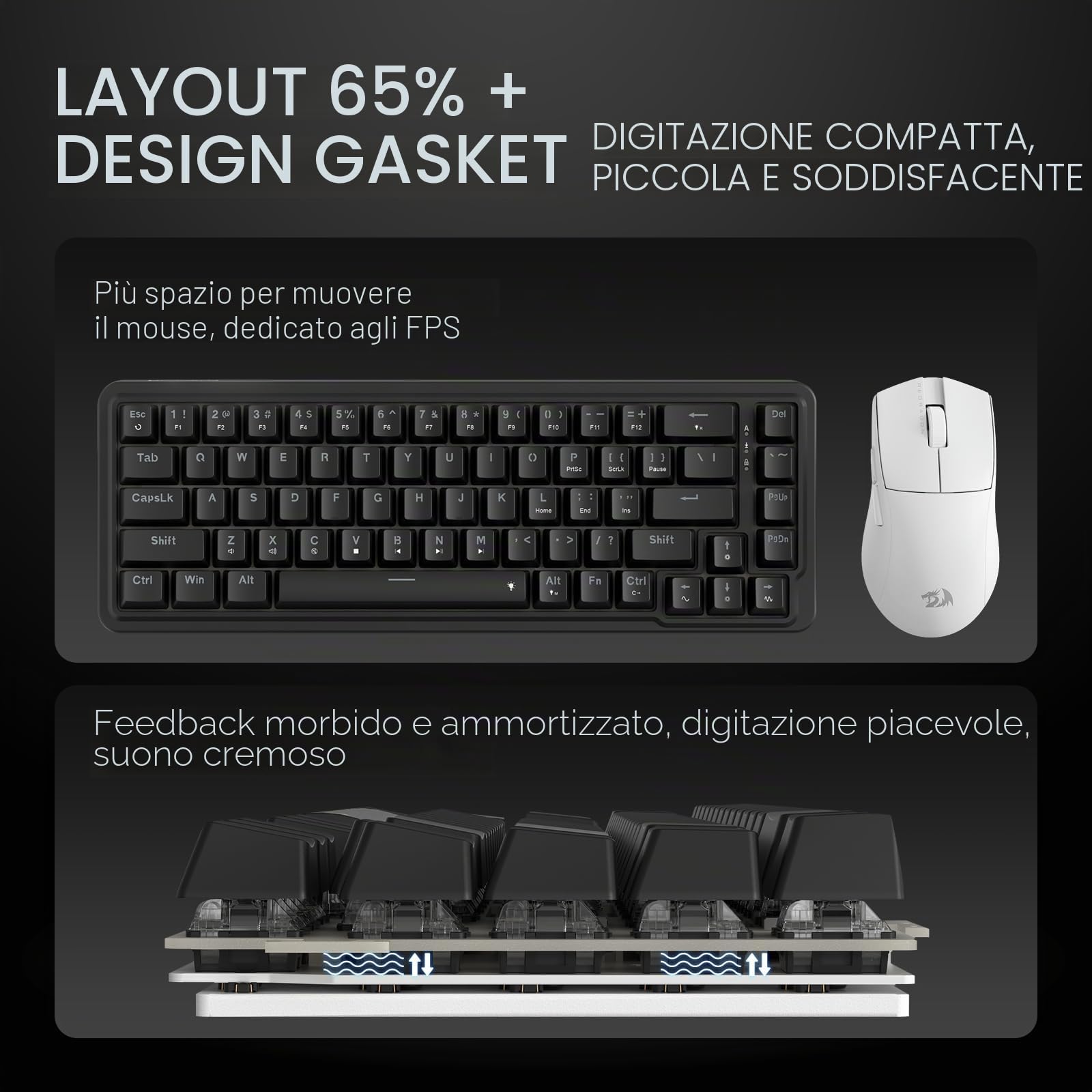Redragon K709 Tastiera da Gioco RGB Cablate 65%, Meccanica Hot-Swap 68 Tasti, Smorzamento Rumore a 3 Strati, US Layout