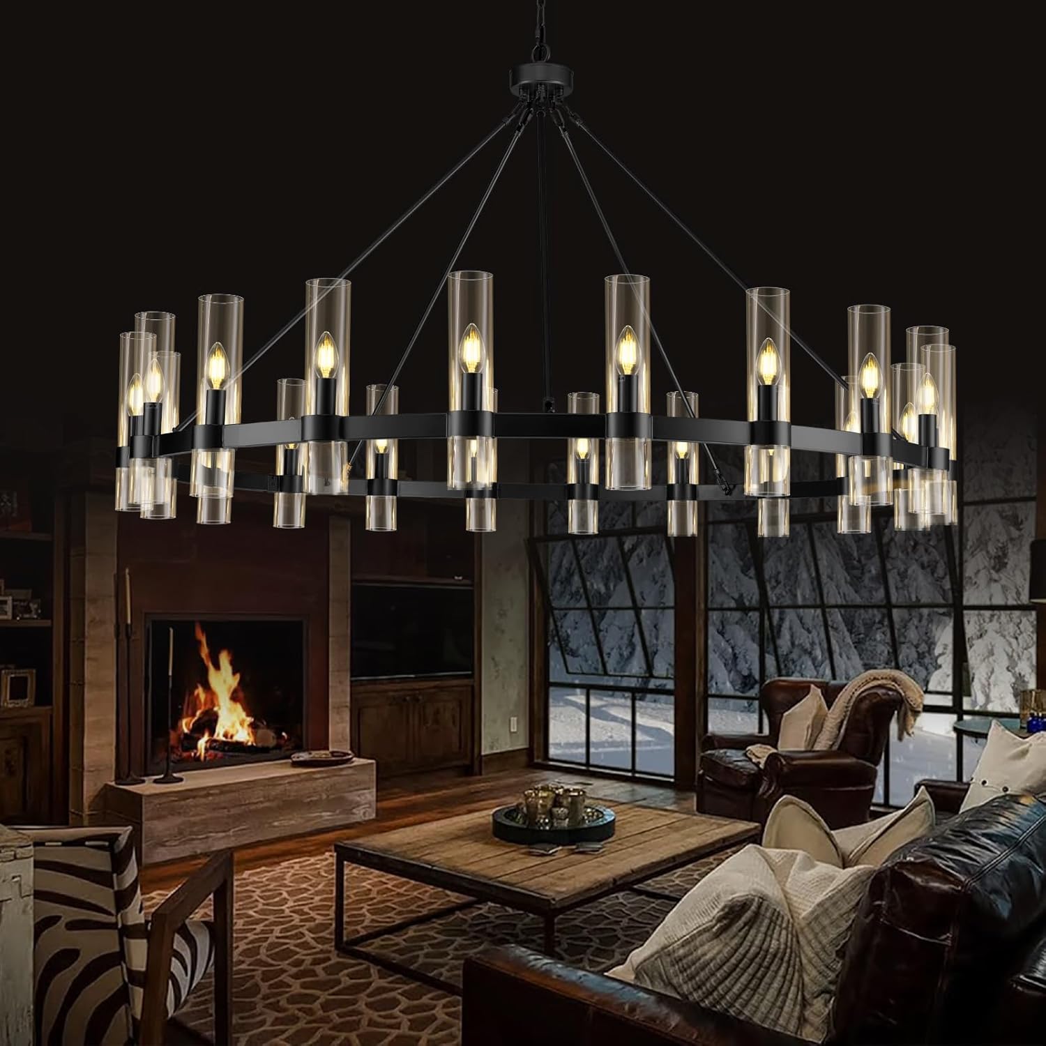 Black Wagon Wheel Chandelier, 60 Inch Chandeliers with Glass Shade, 20-Light Large Chandelier for High Ceiling, Modern Farmhouse Chandeliers for Living Room, Dining Room, and Entryway(Bulbs Included)
