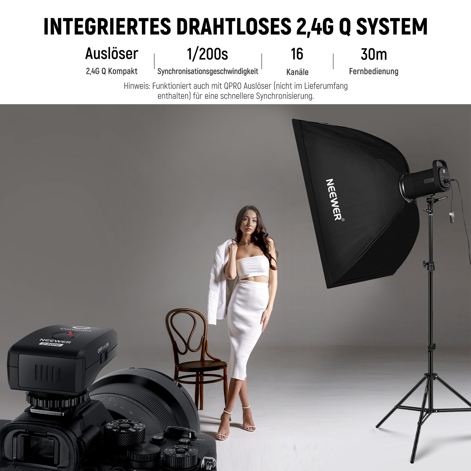 NEEWER S101-300W PRO Studio Flash Blitzlicht Studioblitz mit 2,4G Auslöser 150W Einstelllampe 300Ws GN58 5600K Bowens Mount Reflektor S1/S2 Modus leiser Lüfter kompatibel mit QPRO für Produktaufnahmen