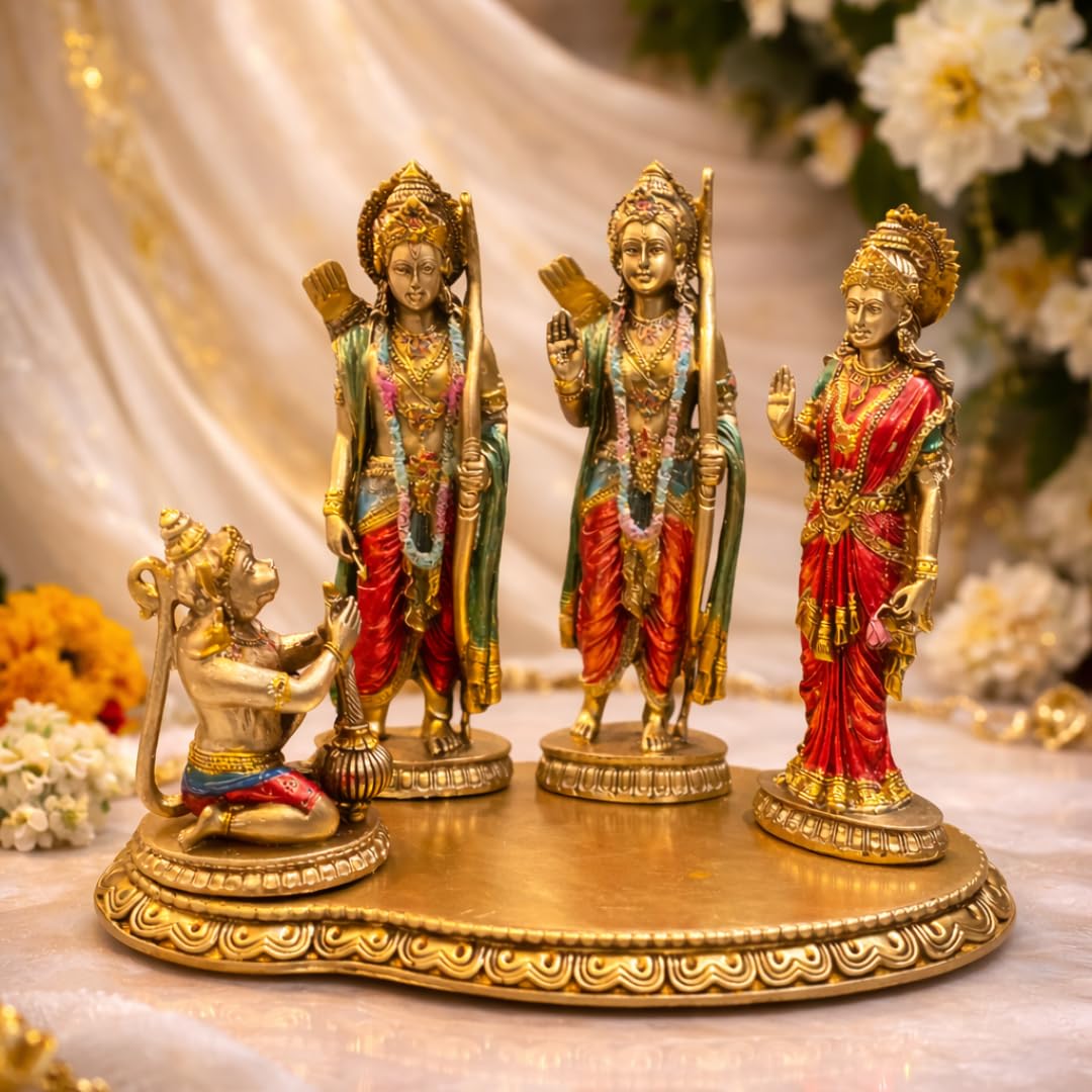 Northland Ram Darbar with Ram, Laxman, Sita and Hanuman Murti Idol Statue | Ram Darbar Brass Look Murti Statue for Pooja Room & Gift, Ram Idol for Home & Office Decor Resin - 10" Inches (Big Size)