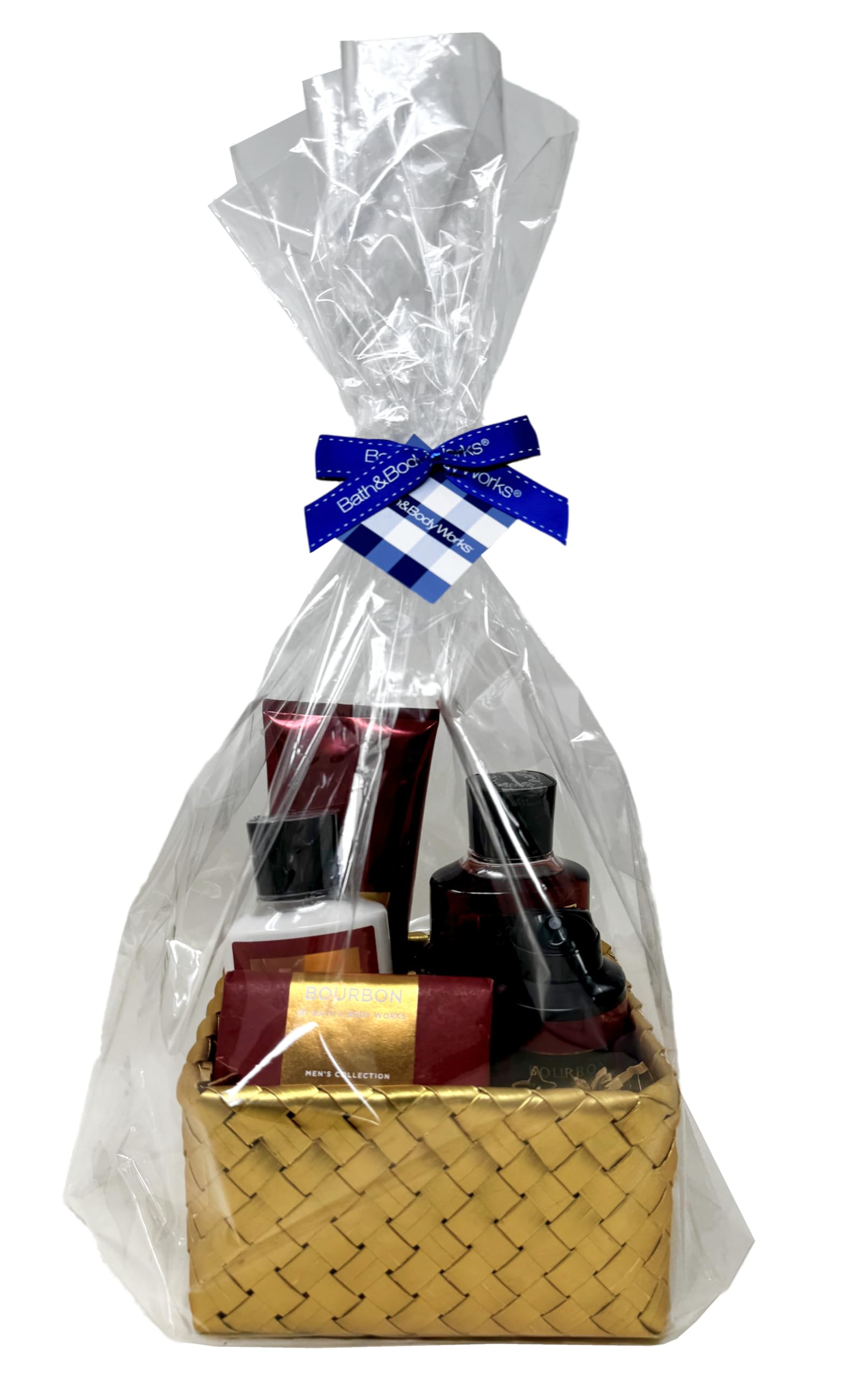 Bath & Body WorksMen's Collection Bourbon - Gold Woven Basket 5 Piece Gift Set - Body Cream, 3 in 1 Hair, Face & Body Wash, Body Lotion, Body Spray and Cleansing Bar.