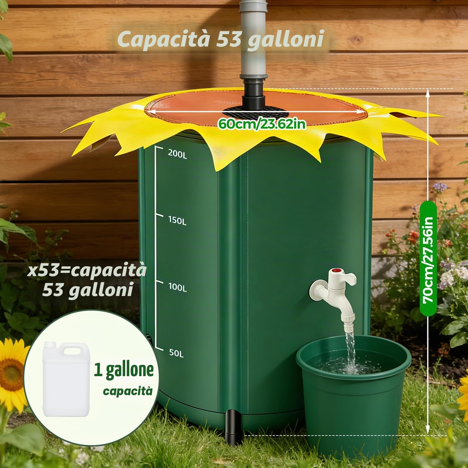 Cisterna pieghevole da 200 litri, a forma di fiore, serbatoio dell'acqua piovana con rubinetto, serbatoio dell'acqua piovana impermeabile con tappo e kit di troppopieno, serbatoio d'acqua da giardino