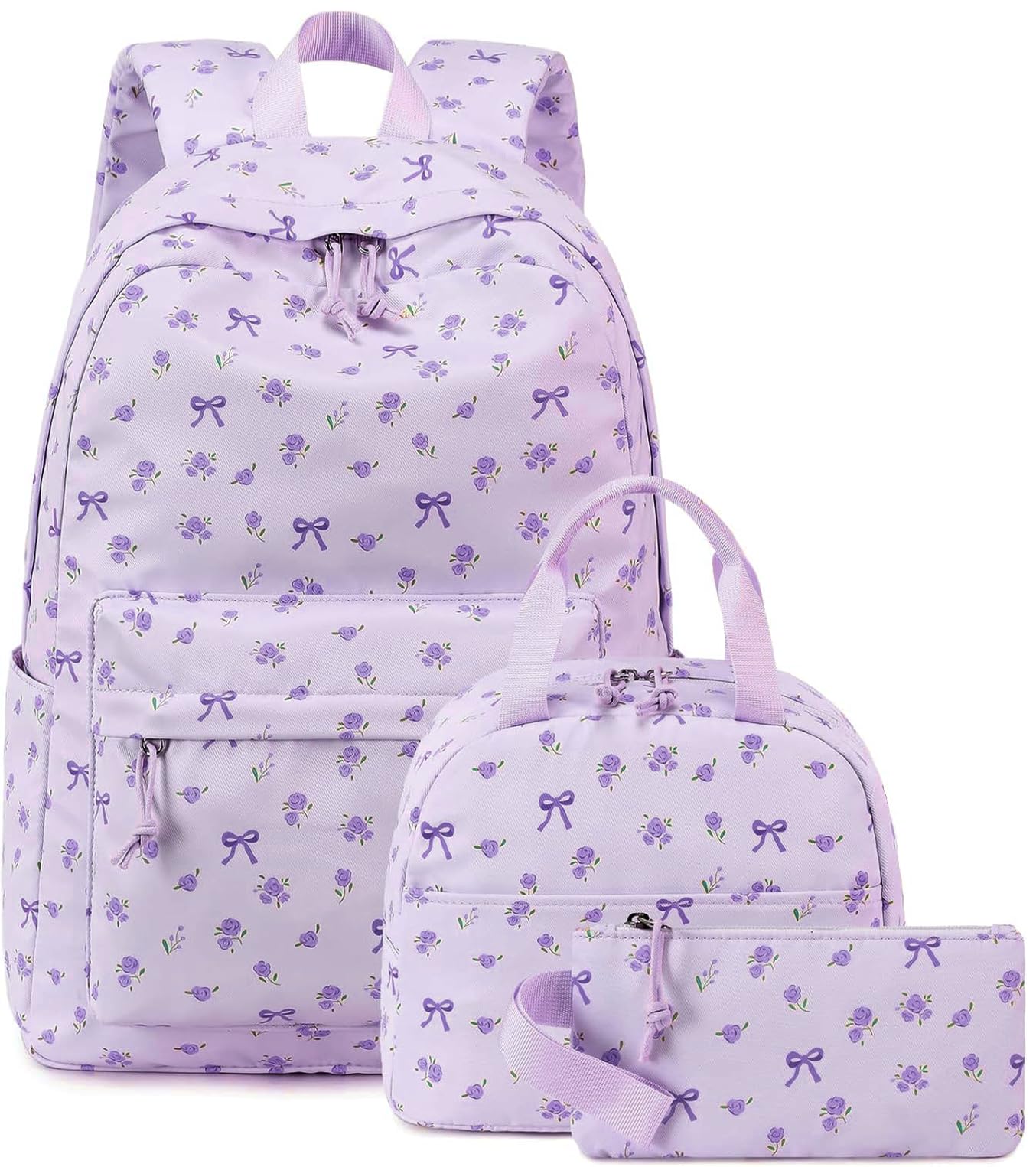 Bluboon Teen Girls School Backpack Kids Bookbag Set with Lunch Box Pencil Case Travel Laptop Backpack Casual Daypacks (Beige bow tie) Large Purple Base Floral Bow