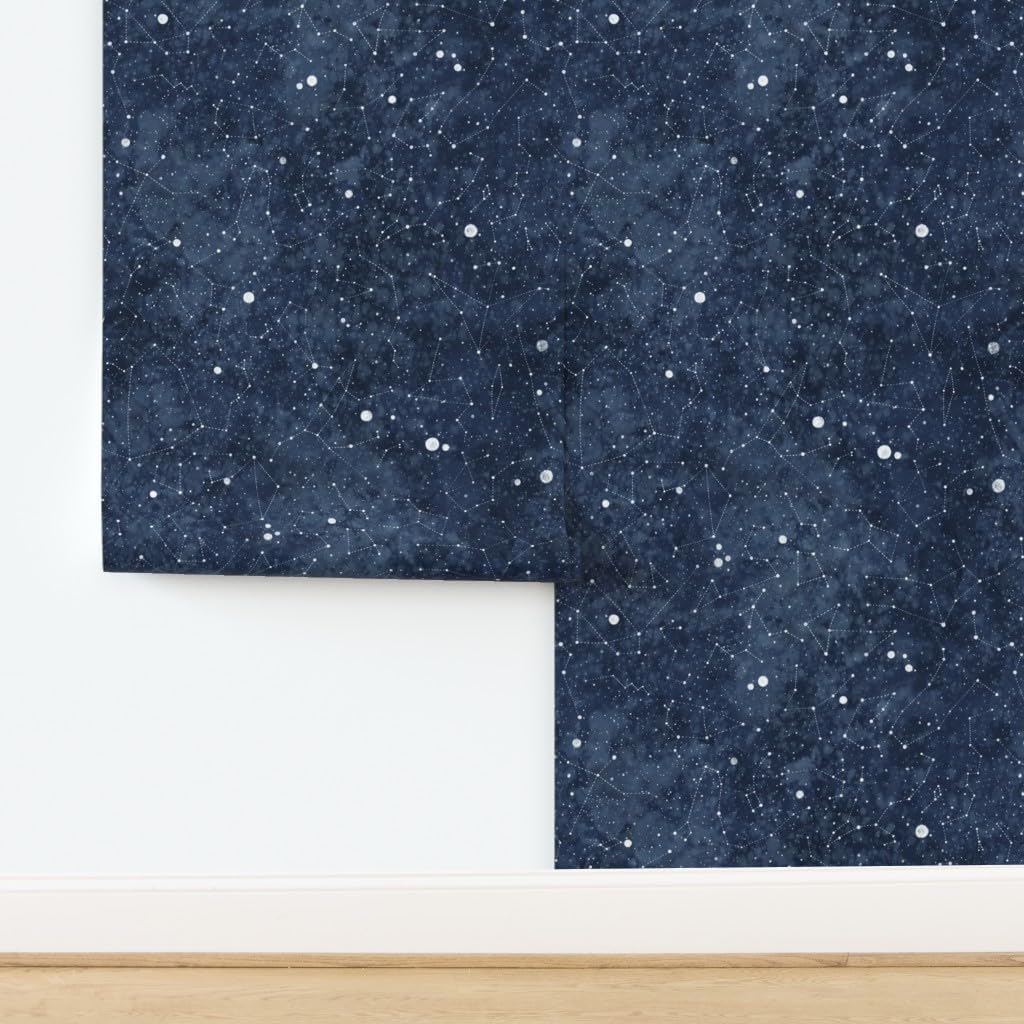 Spoonflower Removable Wallpaper 6ft x 2ft - Star Constellations Hand Drawn Stars Night Sky Watercolor Galaxy Custom Pre-Pasted Wallpaper