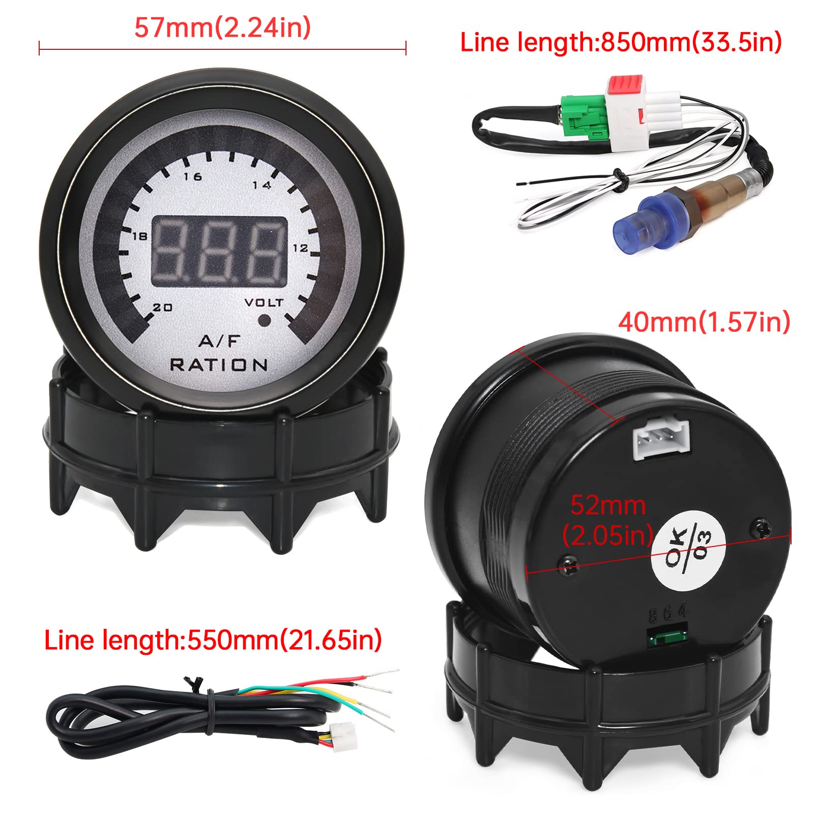 52 mm Digital Air Fuel Ratio Gauge auto da corsa LED blu con banda stretta O2 sensore di ossigeno per auto da 12 V