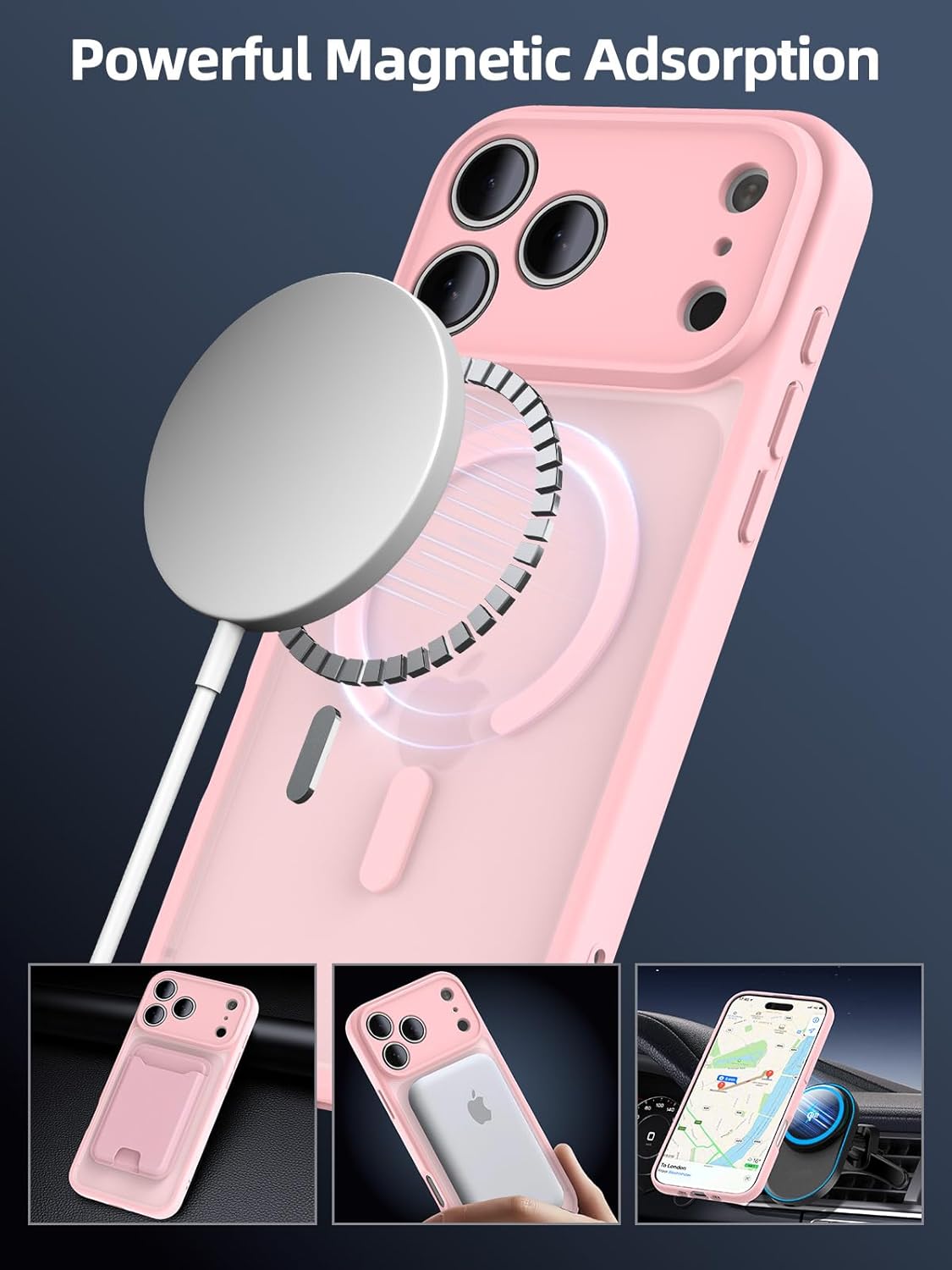 TopMade Mag-Safe Case for iPhone 17 Pro Max with Magnetic Wallet Card Holder, Mag-Safe Phone Case with Magnetic Wallet Fit 4 Cards, Translucent Matte Shockproof Cover for iPhone 17 Pro Max, Pink