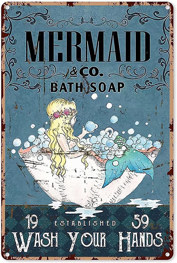Metal Tin Sign Mermaid Bath Soap Wash Your Hands Iron Painting for Home Kitchen Cafe Pub Sign 8x12 Inch Plaque