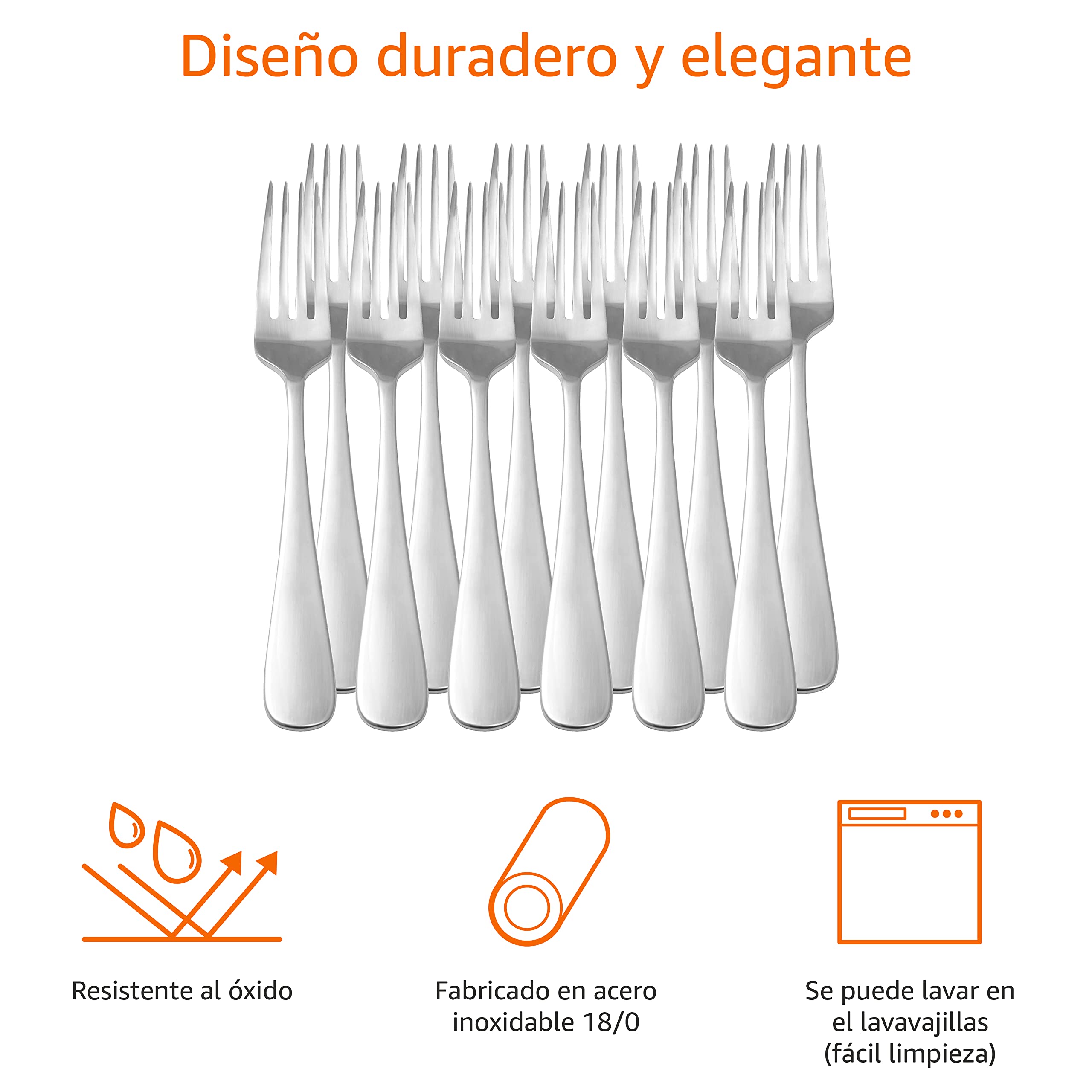 Amazon Basics Tenedores de Mesa de Acero Inoxidable, con Punta Redonda, Plata, Juego de 12