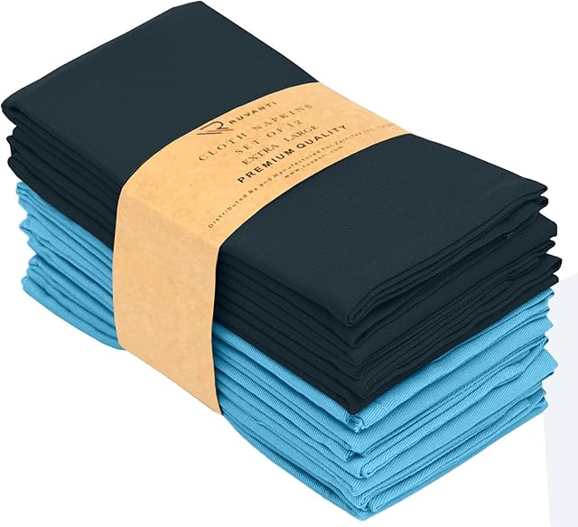 Ruvanti Cloth Napkins 12 Pack 18X18 Inch Dinner Table Napkins, Soft, Comfortable Cotton Enrich, Teal & Dark Grey Napkin, Reusable Linen Napkins for Christmas, Dinner, Weddings, Bar, Cocktail Party.