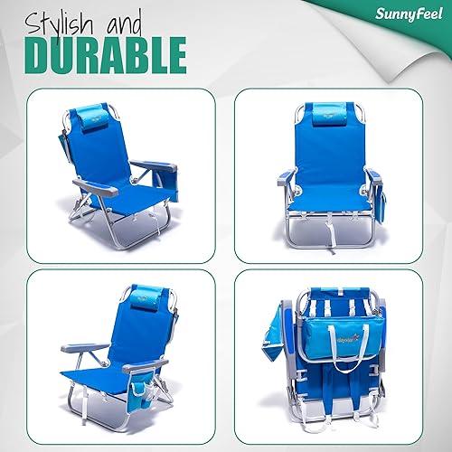 Miniatura 7 de Mochila plegable, silla de playa baja, 5 posiciones, reclinable, con soporte para tazas, almohada acolchada, bolsa enfriadora para arena, al aire