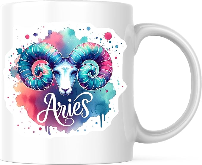 Bliss Monkey Co. Aries Coffee Mug - Zodiac Sign - Watercolor - Astrology Themed - 11 Ounce Cup - Design Printed On Both Sides - Premium Quality Ceramic - BMCM6461
