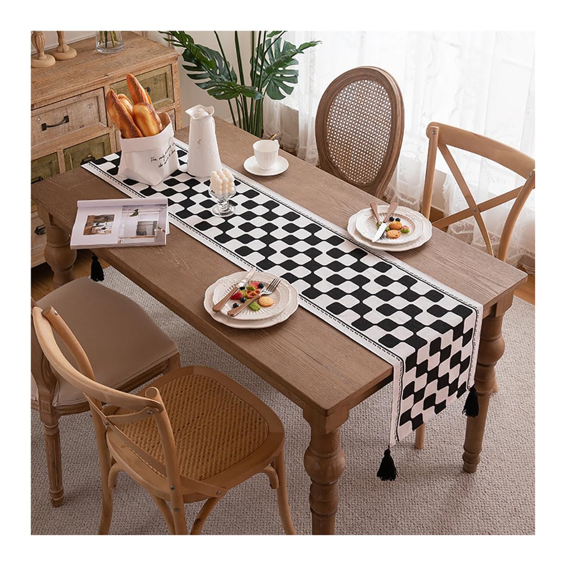 NIUSABOU Kitchen Dining TableDecoration, Black And White Table Runner With Tassel, Coffee Cover, For Party, 35x140-300cm(B,35x200cm(13.7x78.7in))
