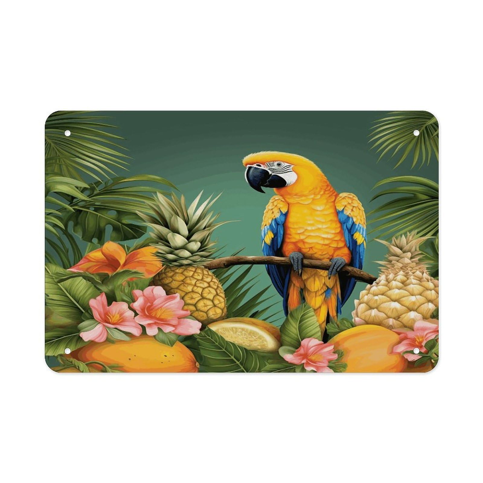 Summer Parrot Pineapple Bird Metal Tin Sign 12"x8" Wall Art Prints Poster Decorative Picture Metal Signboard Decor Painting Folded Edge Iron Sheet Painting with Holes for Wall Decor