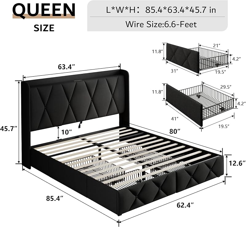 iPormis Queen Bed Frame with 4 Storage Drawers, Upholstered Platform Bed Frame with Charging Station, Modern Wingback Storage Headboard, Easy Assembly, Black image 2