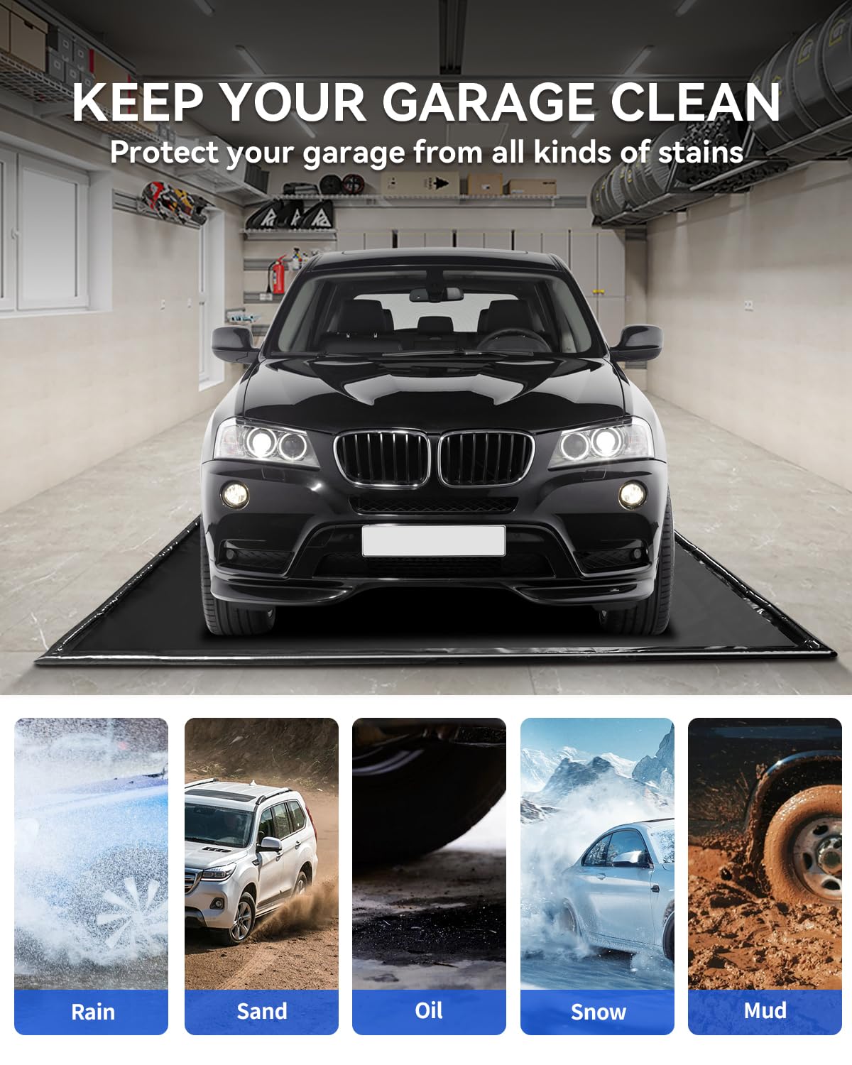 Containment Mat W/Squeegee, Non-Slip Garage Floor Mat - 7'9"x18' Heavy Duty Waterproof Protection From Snow Ice Rain Mud Oil For Cars