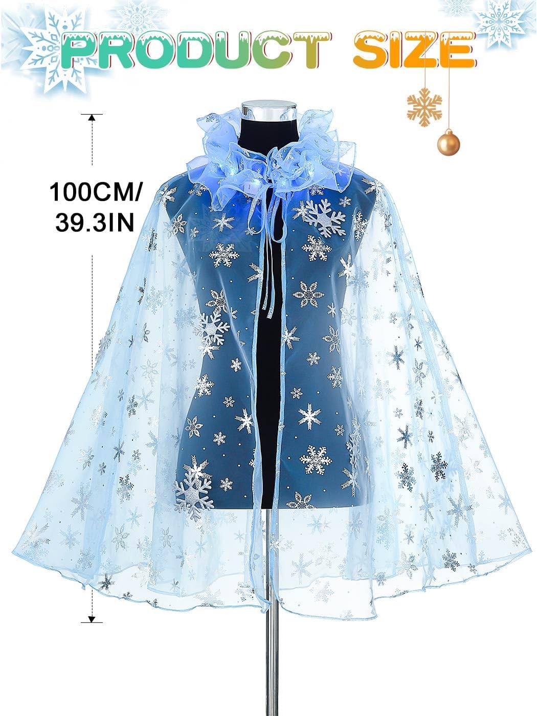 EVILD Christmas Light Up Cape Blue Princess Snowflake Cloak Xmas Glitter Cosplay Costume Capes for Women Dress Up
