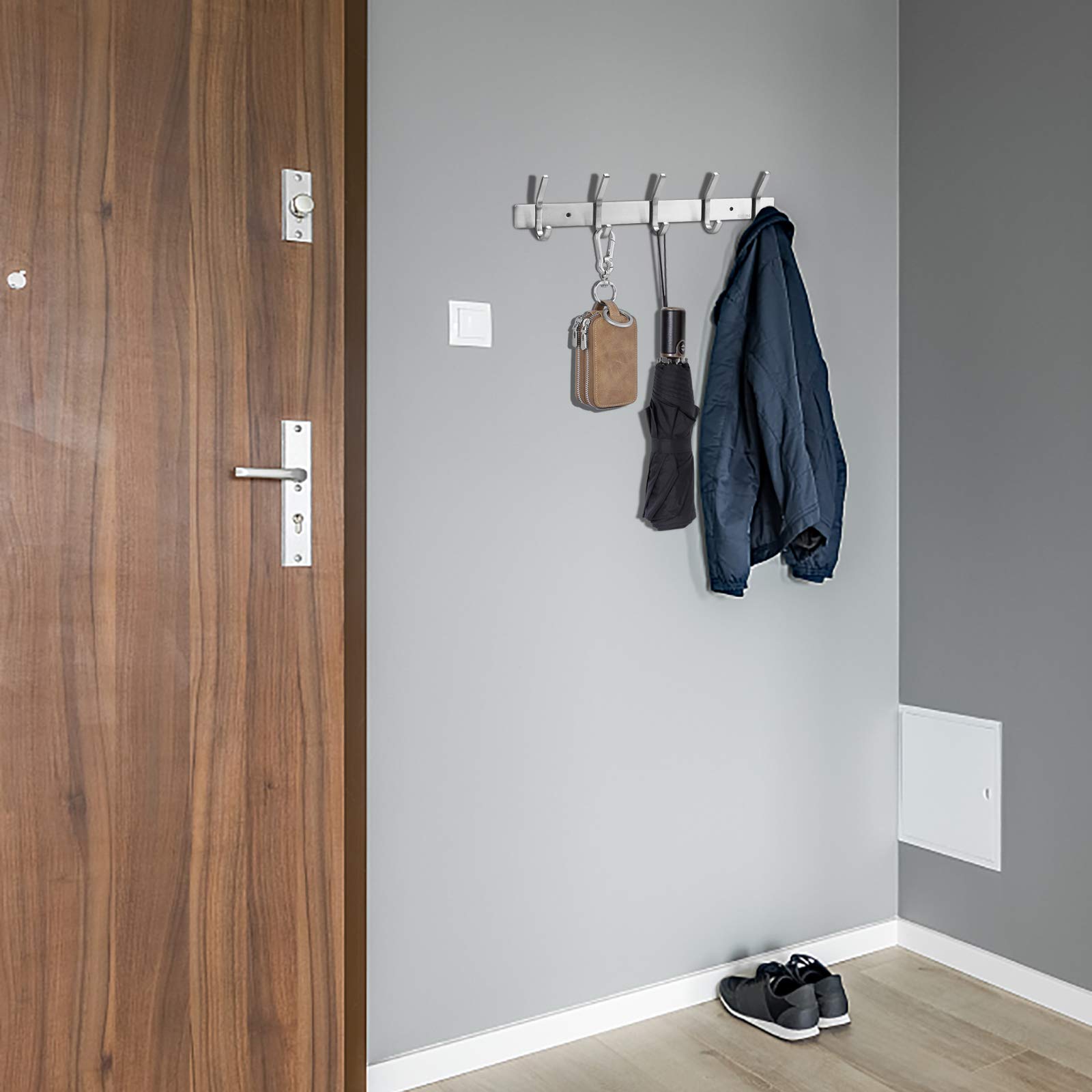 MaoXinTek Appendiabiti da parete e autoadesivo, in acciaio inox, con 5 ganci, per bagno e cucina