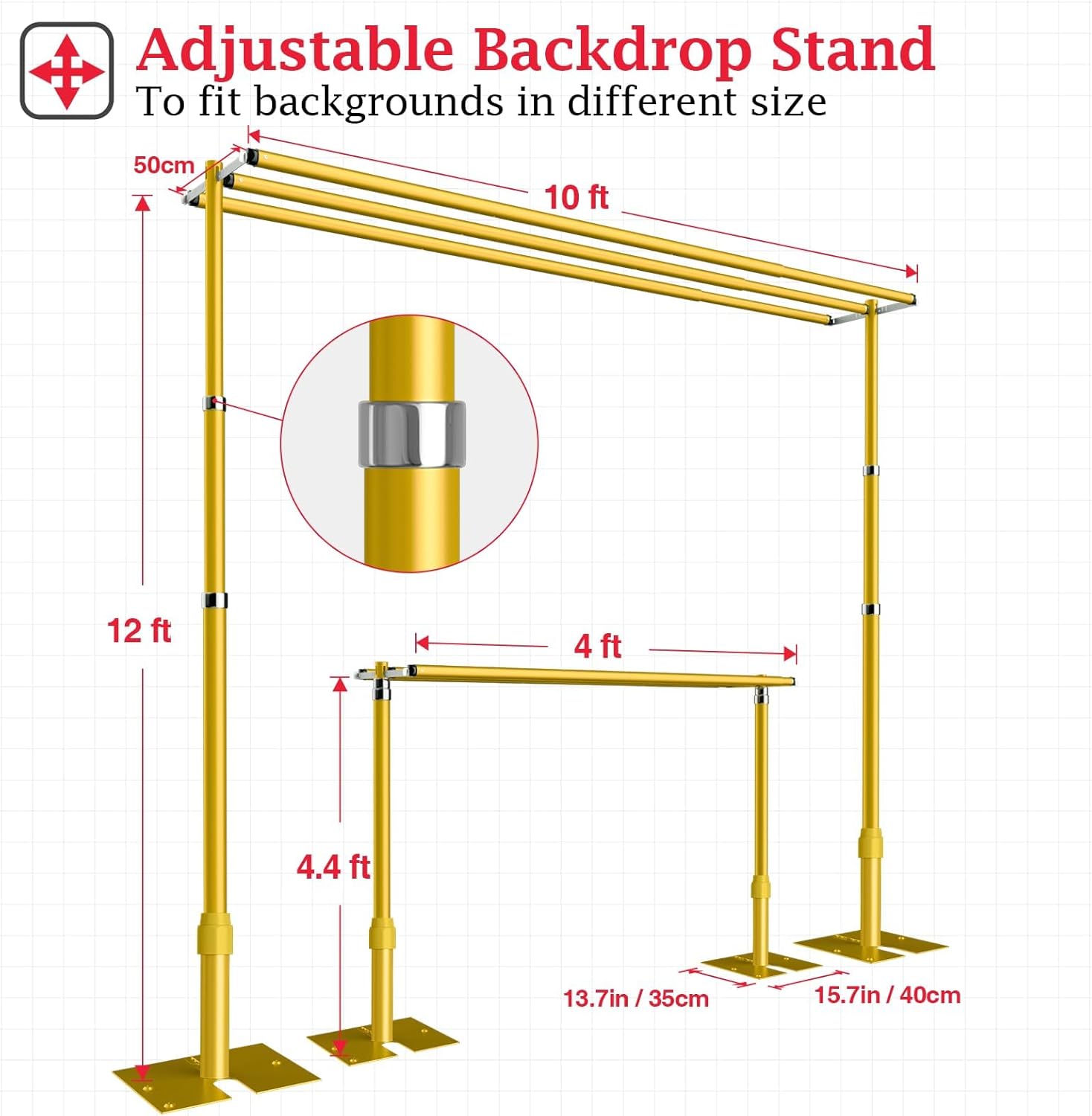 EMART Backdrop Stand Heavy Duty 12x10Ft,Three Crossbar Pipe and Drape Photo Background Support Kit, Adjustable Metal Frame with Flat Base for Wedding Birthday Party Decorations-Gold