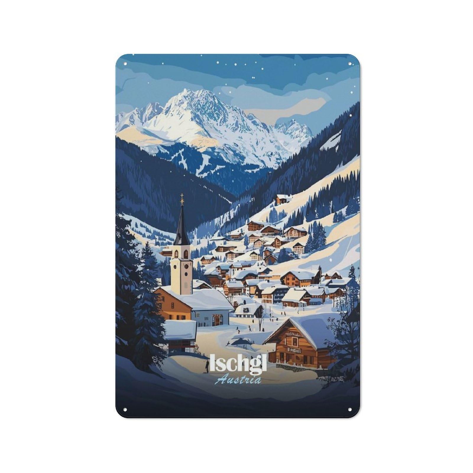 Junmoney Style Ischgl Austria Winter Village Tin Wall Sign 30X20cm, Loft Industrial Wall Decor For Loft, Studio, Office Or Creative Room