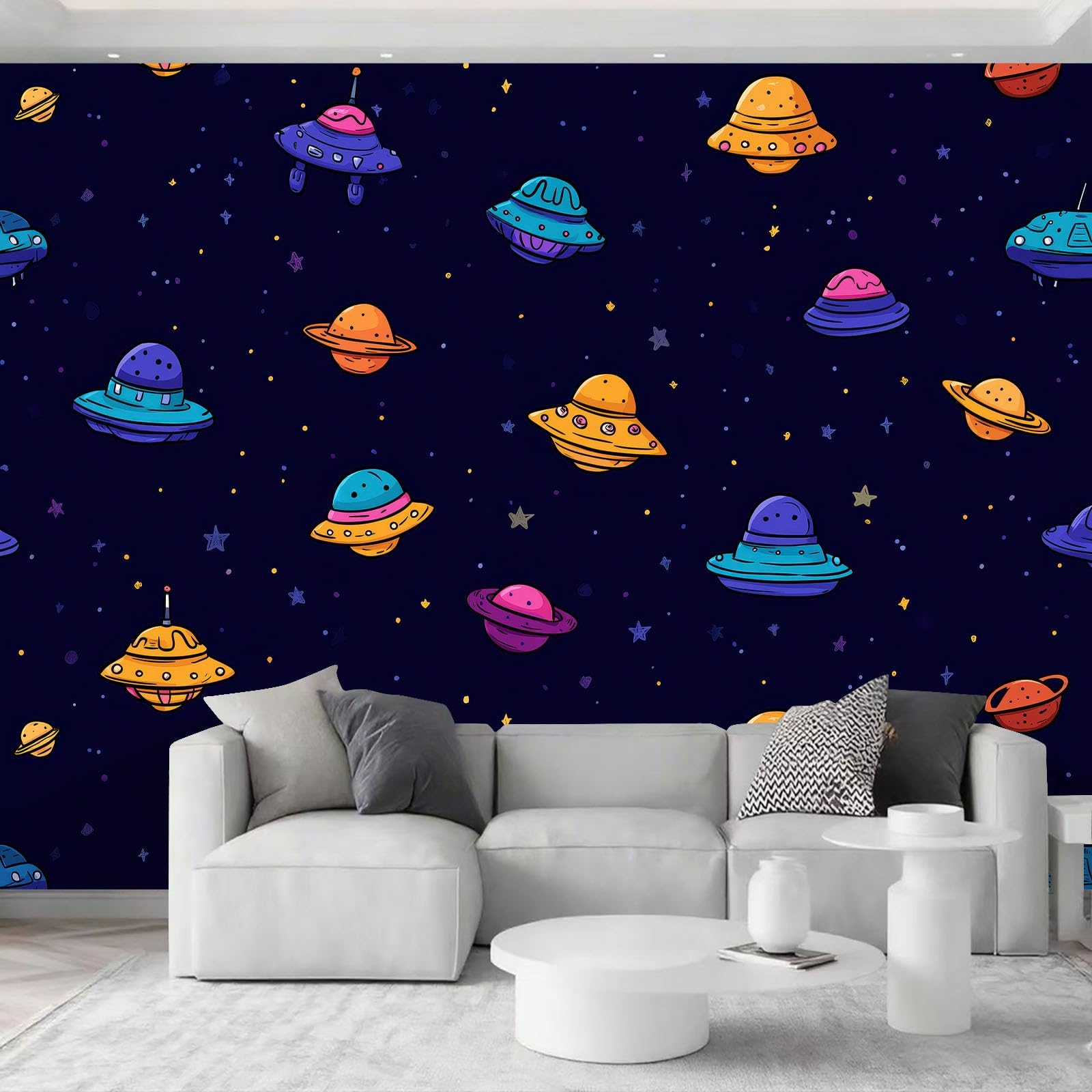 Tapeta z włókniny w stylu kreskówkowym Doodle - Panoramiczny Statek Kosmiczny Kosmiczny Planety Obrazy Zdjęcia, Fototapeta do salonu Dekoracja pokoju dziecięcego 350 x 256 cm