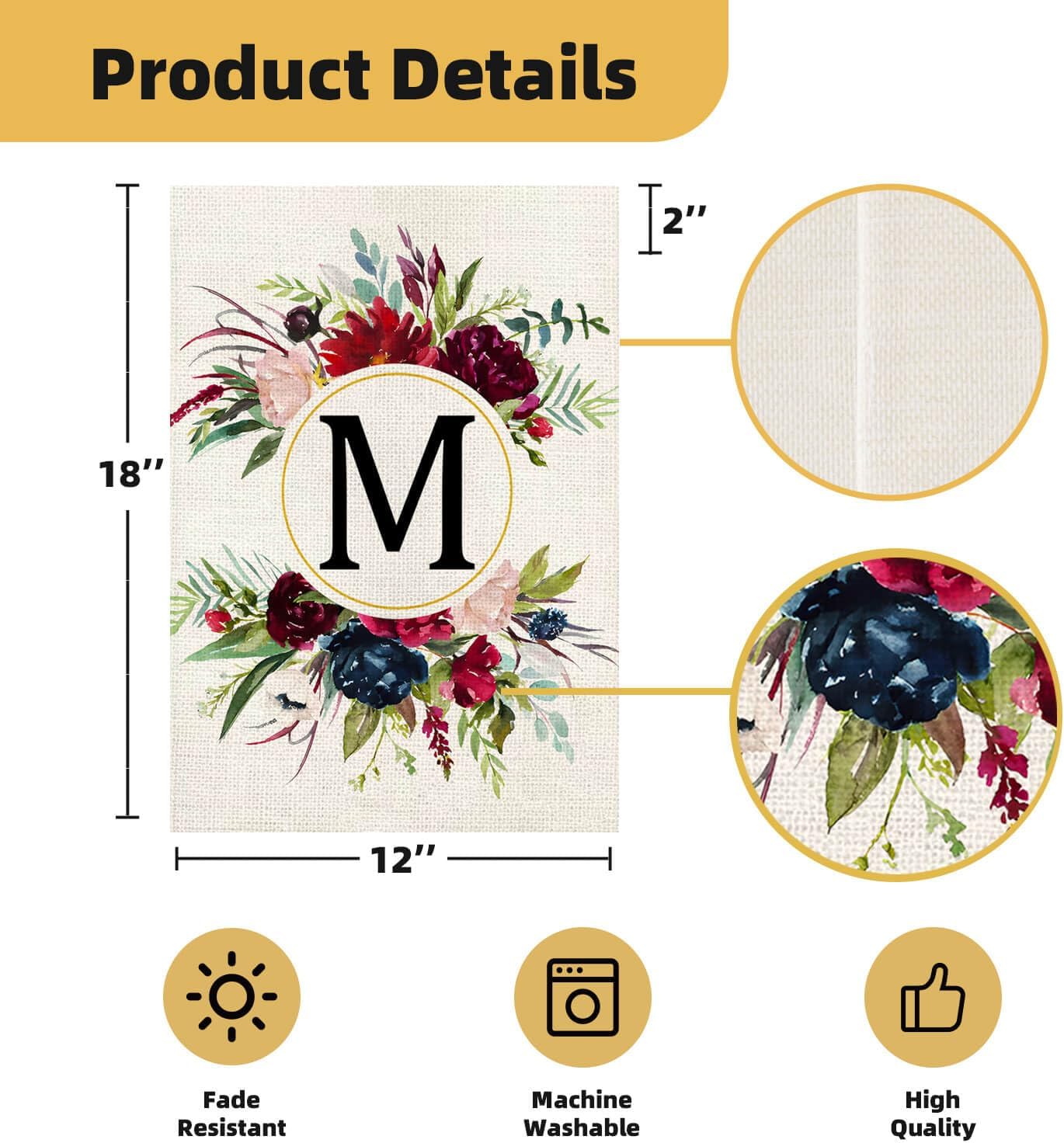 Monogram Letter M Garden Flags, Summer Garden Flag 12x18 Double Sided Floral Yard Flags Small Burlap Family Last Name Initial Garden Flag for Outside Decorations(M) - Image 3