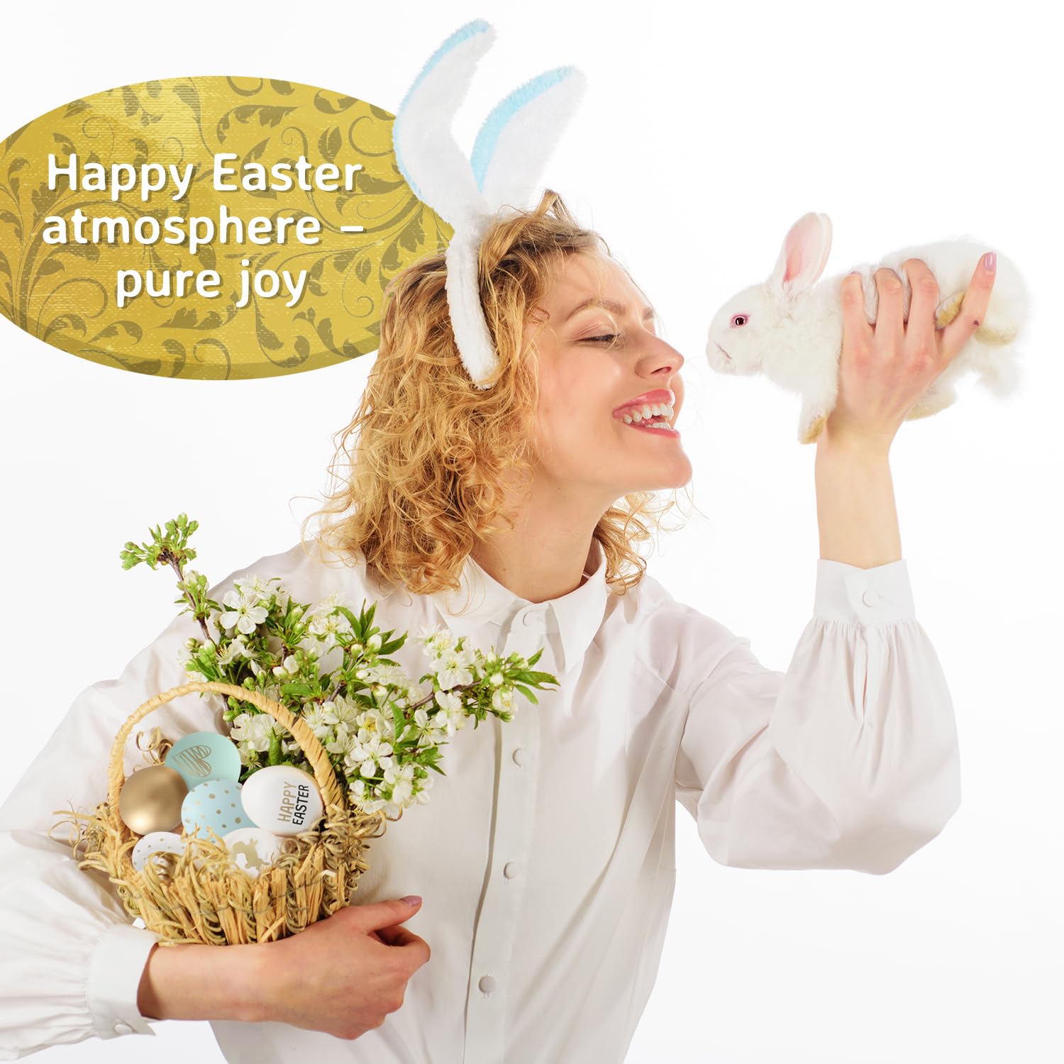 Festicy Jajka wielkanocne, 24 sztuki, dekoracja wielkanocna 2025 (biała, zielona, złota), 8 wzorów, zajączki, napis Happy Easter, jajka wielkanocne do zawieszenia na zewnątrz, plastikowe jajka