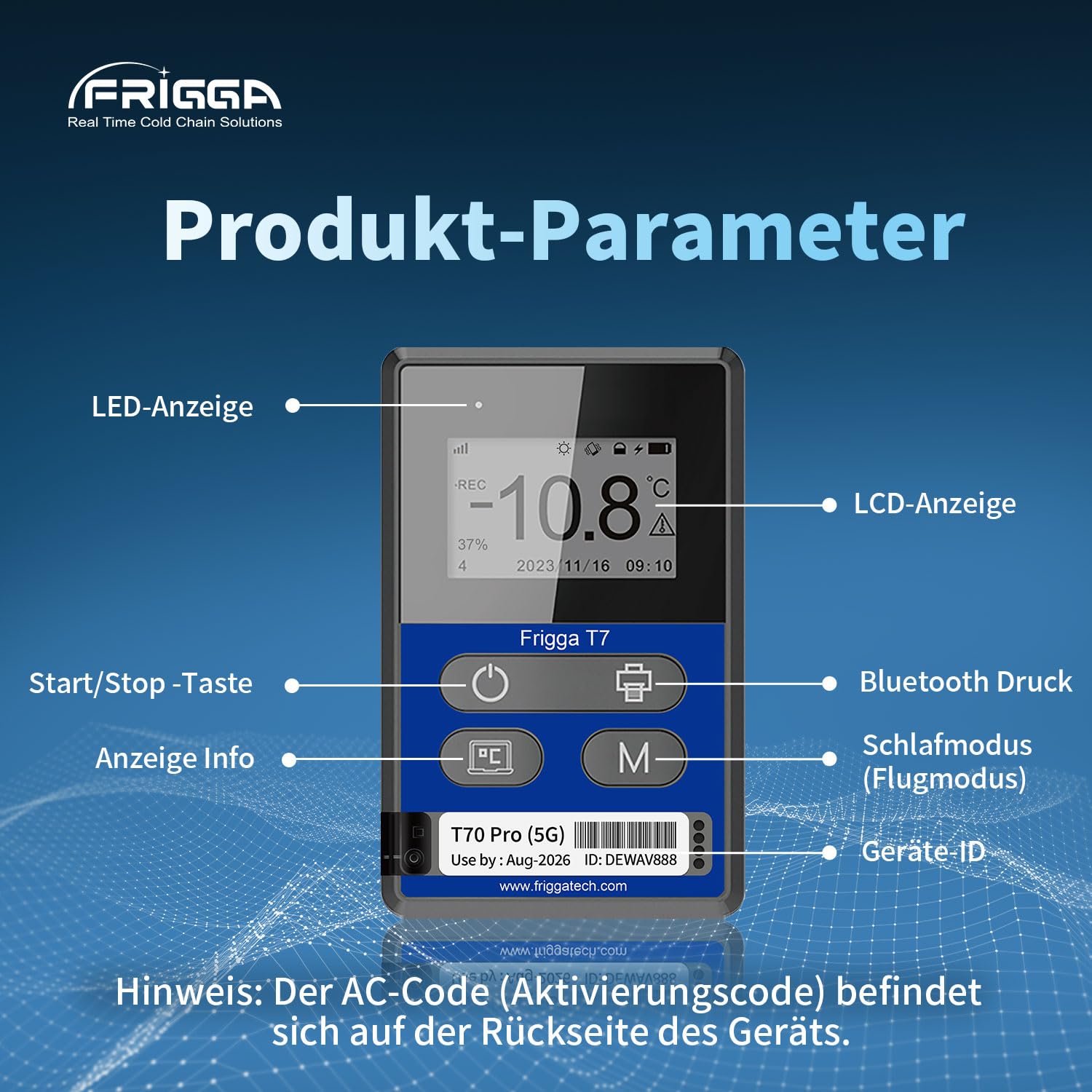 Frigga T70pro 4G/5G Echtzeit-Temperatur-Feuchtigkeits-Datenlogger Wiederverwendbar 50000 Punkte Wireless Remote Digital Temperature Recorder Medizinisches Wiederaufladbar