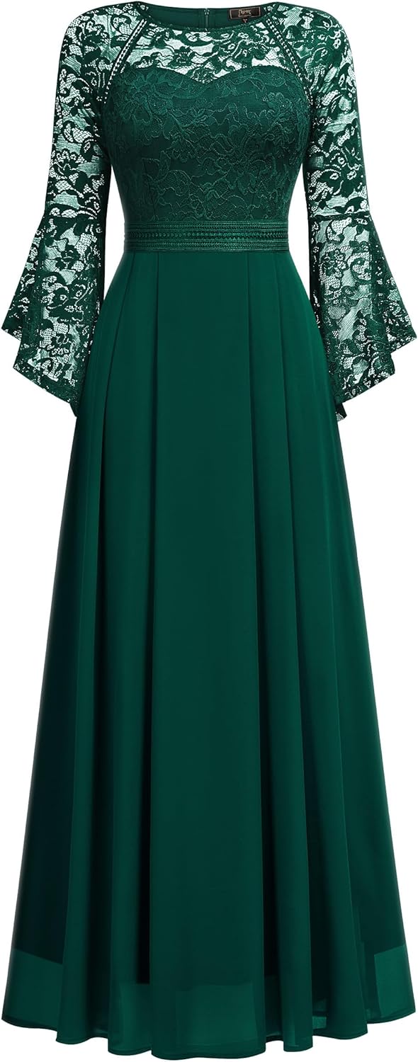 MISSMAY Women's Formal Lace Chiffon Bell Sleeve Wedding Party Long Dress - Image 3