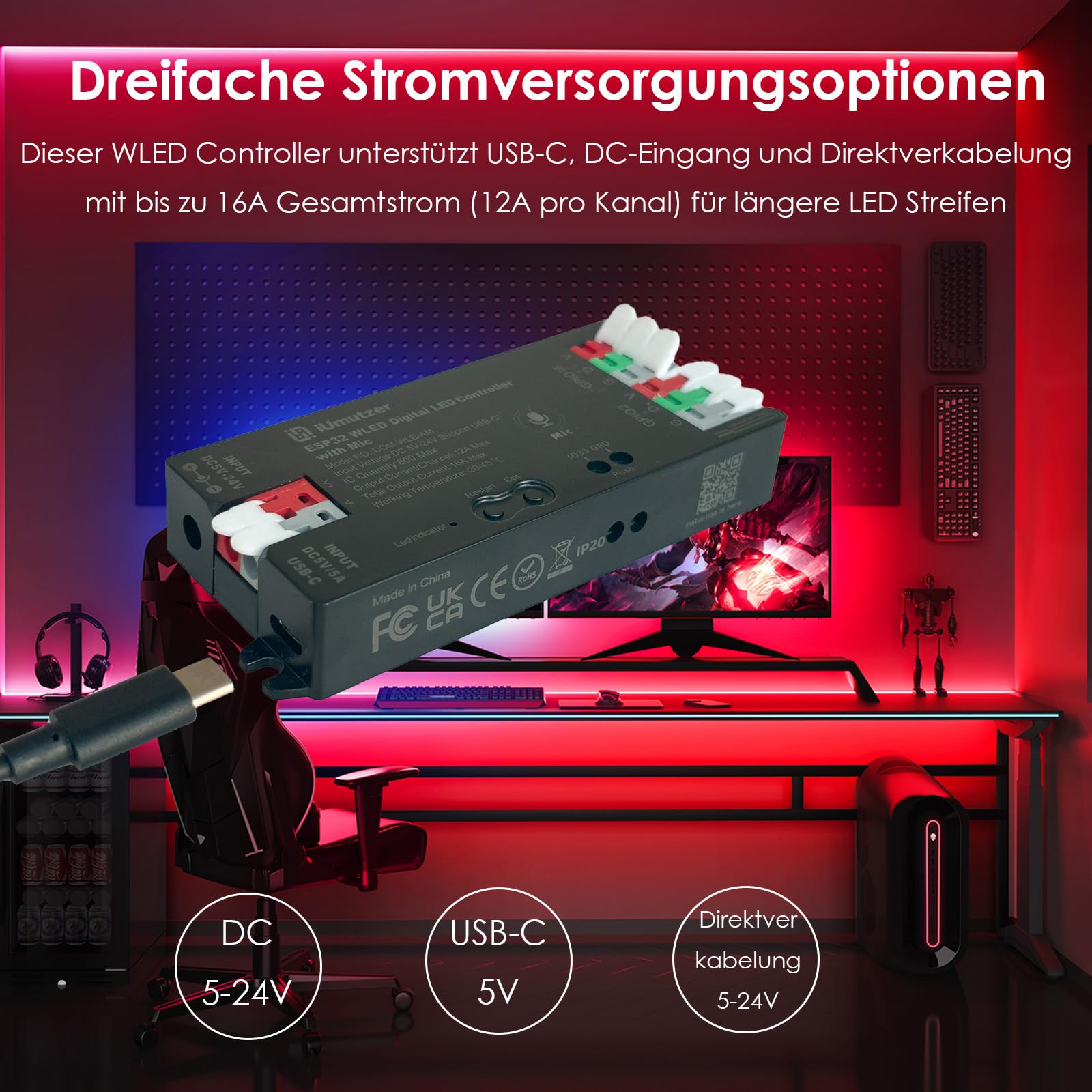 4-Kanal WLED Controller mit Mikrofon, ESP32 Musik-LED-Controller DC 5-24V, Kompatibel mit Adressierbaren RGB LED Streifen WS2811 WS2812B SK6812 WS2815, 4 Individuelle Ausgänge