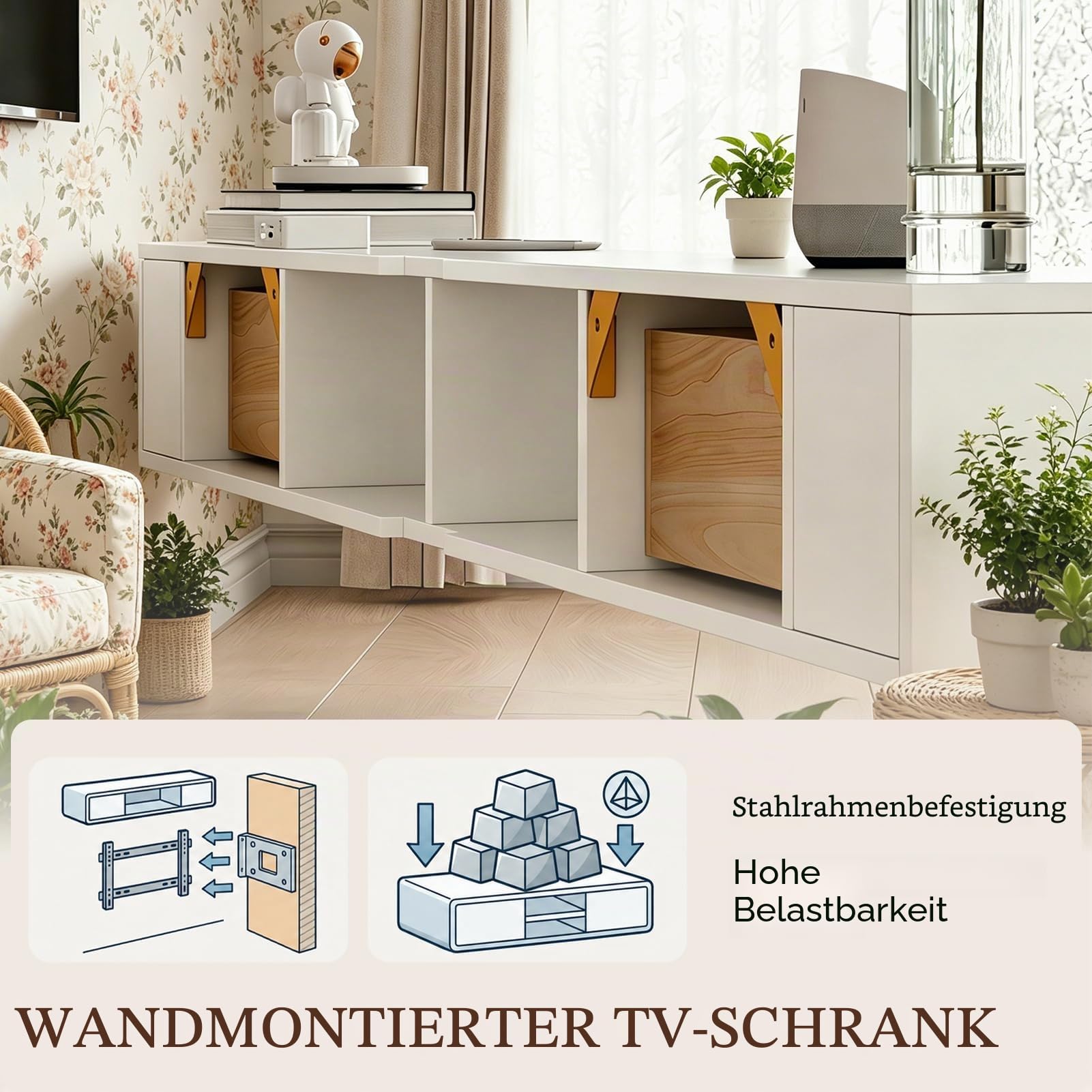 Schwebende TV Schrank 140cm Weiß, TV Lowboard Hängend mit 2 Schubladen & 1 Klappen Türen, TV Board Hängend mit Kabelmanagement, Hänge Sideboard für Wohnzimmer und Esszimmer