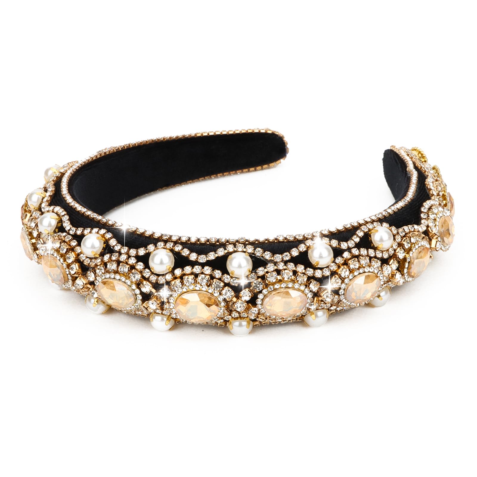 WecoeChampagne Gold Rhinestone Headband with Pearls Women Vintage Fancy Sparkly Diamond Padded Bulky Puffy Luxury Beaded Headband Renaissance Costume Hair Accessories For Women Girls Gifts