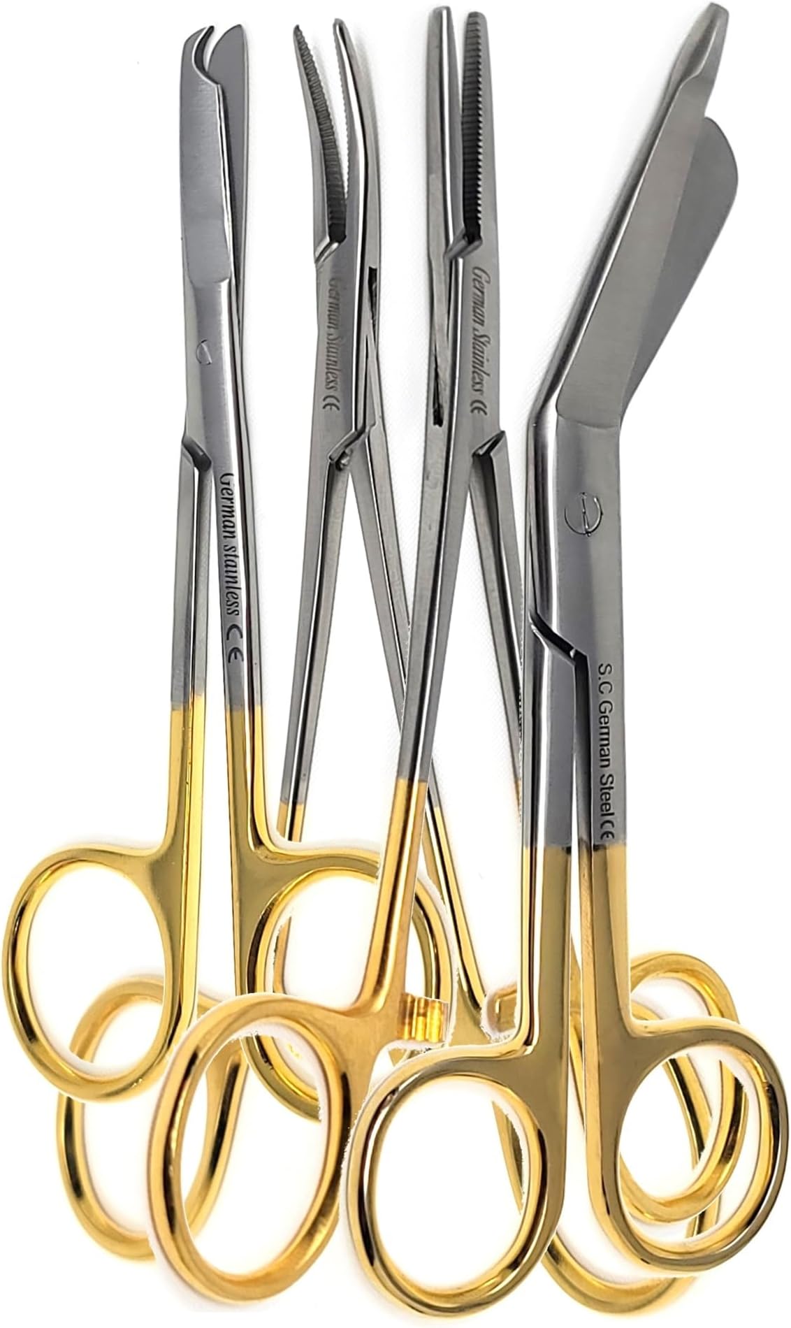 Set of 4 Bandage Scissors 5.5", Stitch Scissors 4.5" and Hemostat 5.5" Straight Curved Made of Premium Quality Stainless Steel (Gold Handle)