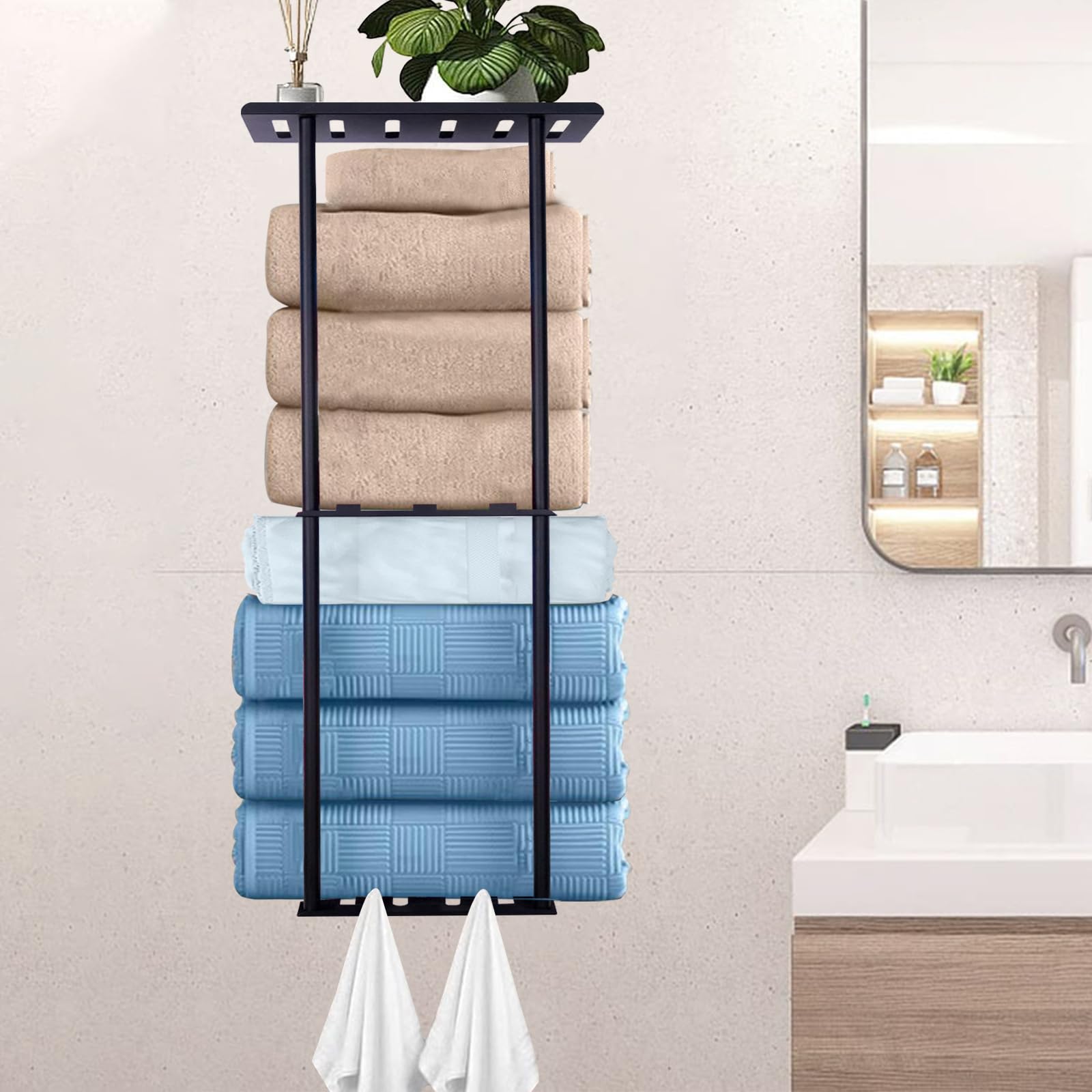 Porte-serviette mural noir à 3 niveaux 72cm en métal pour la salle de bain