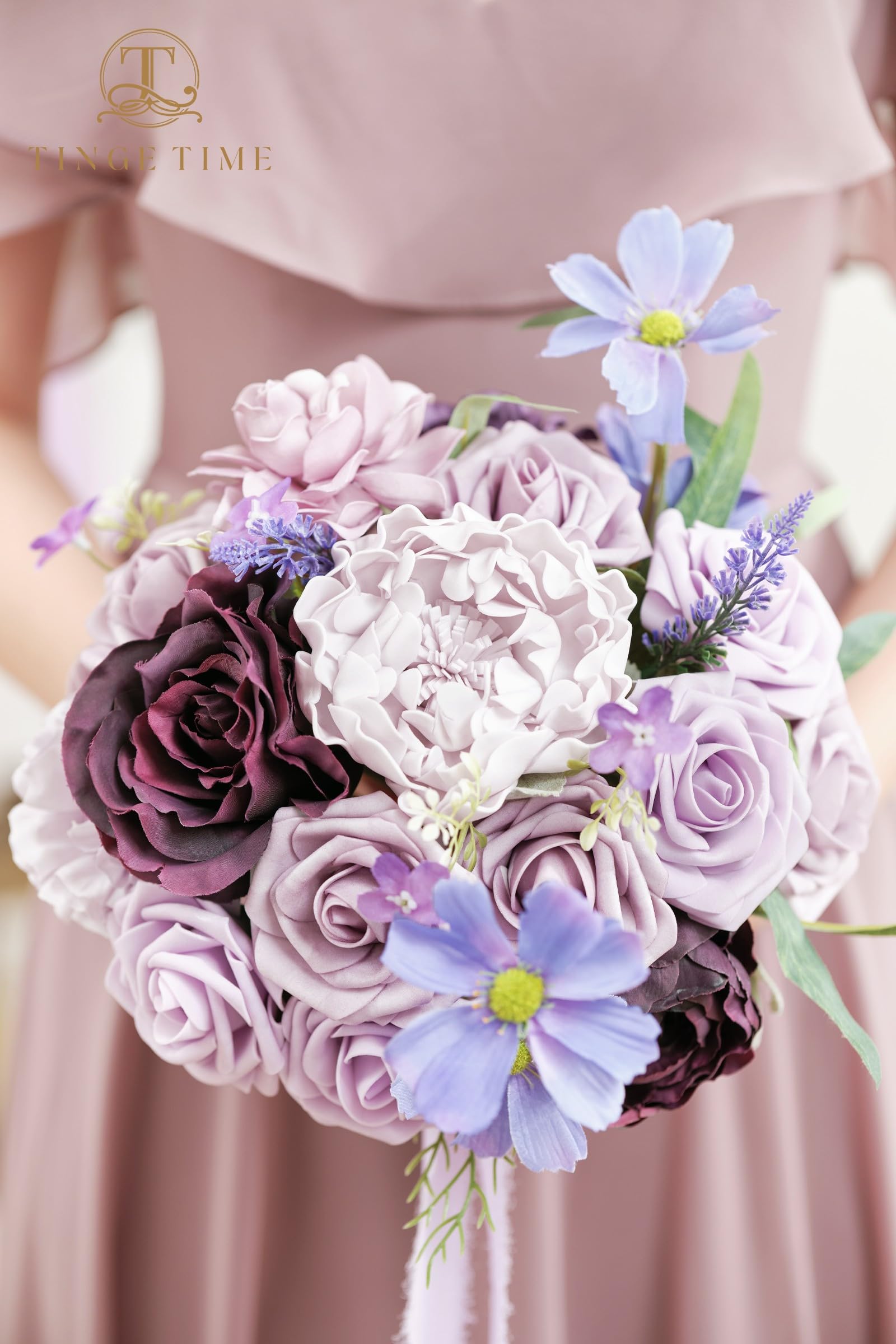 TINGE TIME Artificial Bridesmaid Bouquets for Wedding, Set of 4, 9in Bride Tossing Bouquet for Wedding Ceremony Bridal Shower Rehearsal Dinner Vintage Party (Lavender & Plum)
