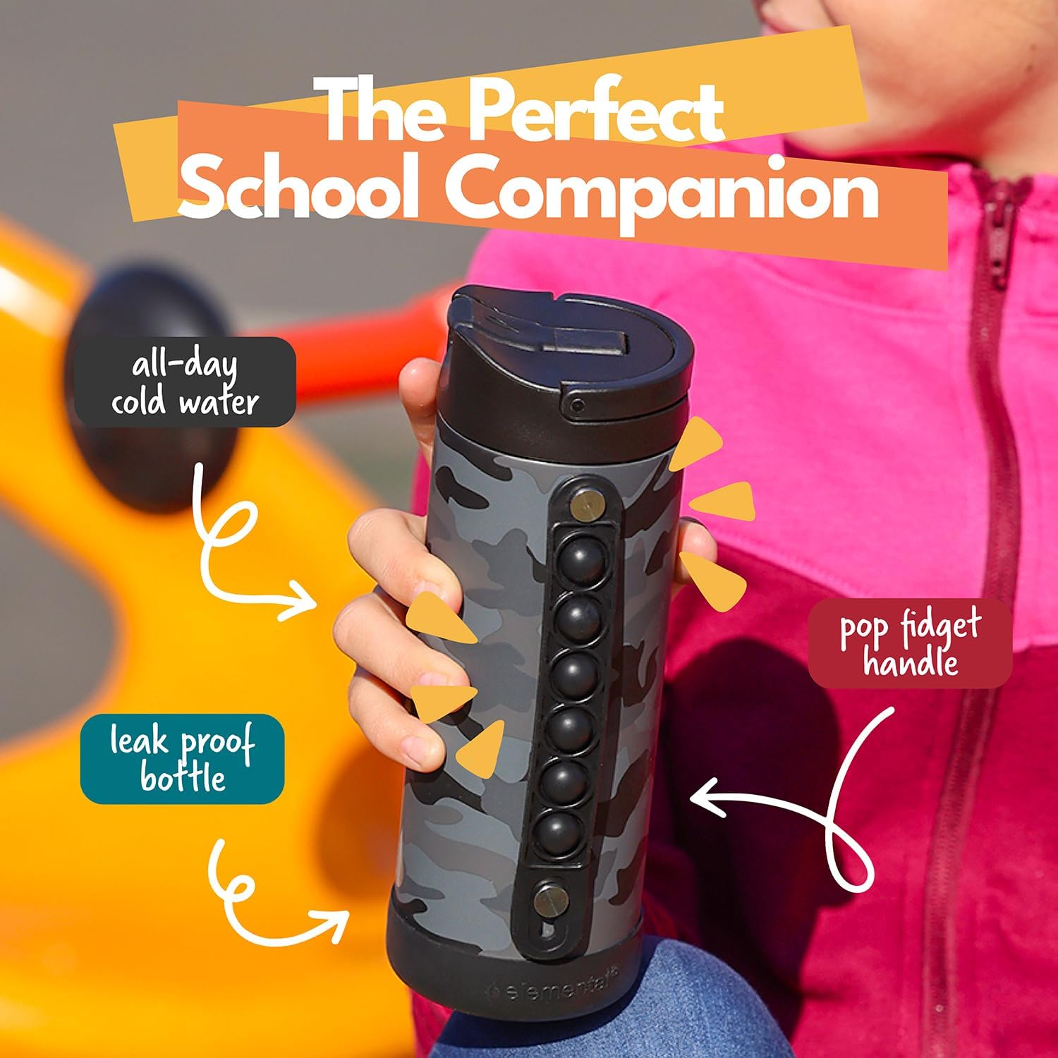 Elemental Iconic Kids Water Bottle with Straw Lid & Stress Relief Pop It Handle, Leak-Proof When Closed, Triple Insulated Kids Stainless Steel Water Bottle For Girls and Boys, 14oz - Black Camo - Image 2